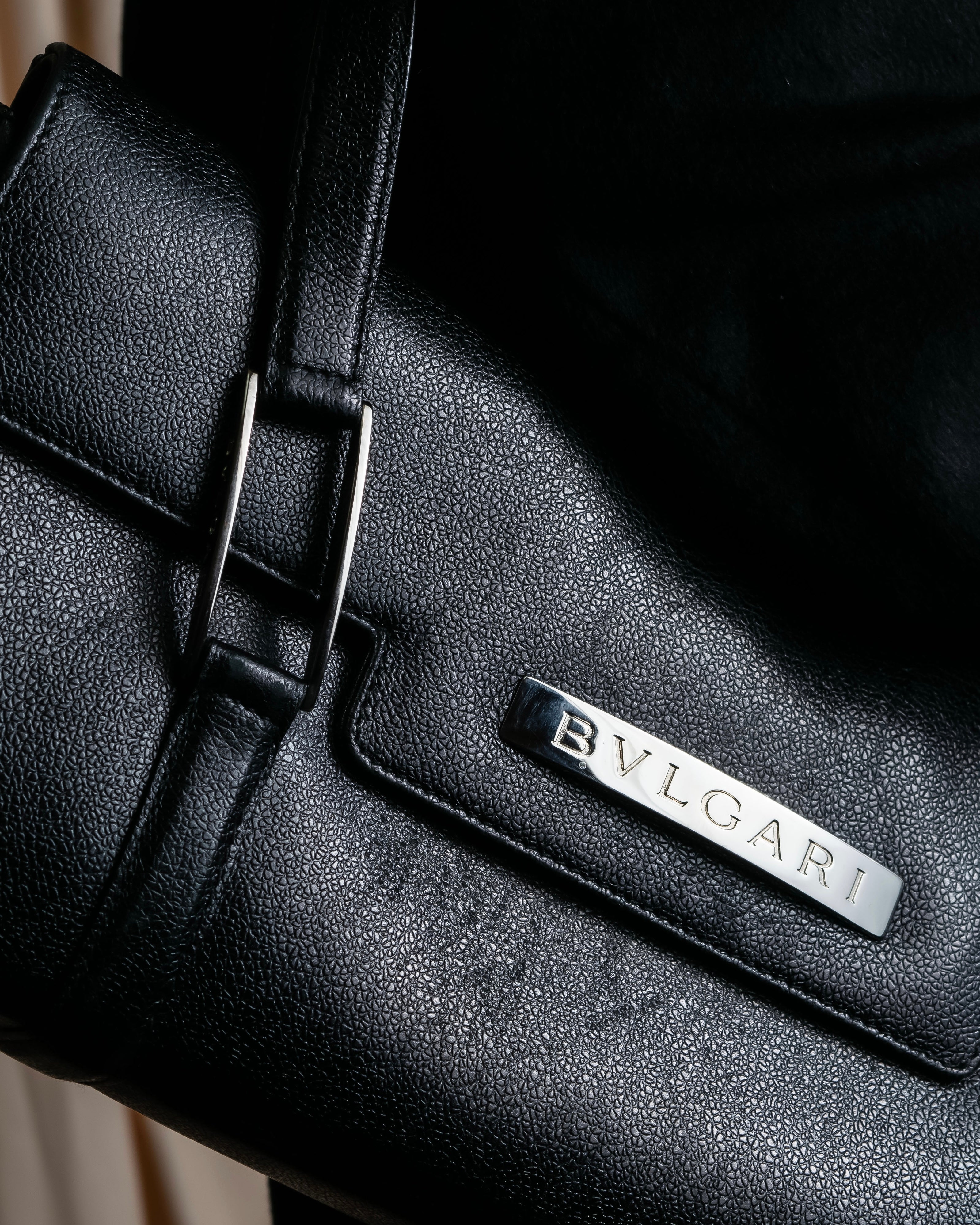 "BVLGARI" Horizontal form engraved logo leather bag