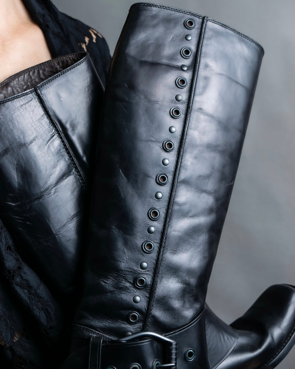 "BOTTEGA VENETA" Belt design square toe knee high long boots