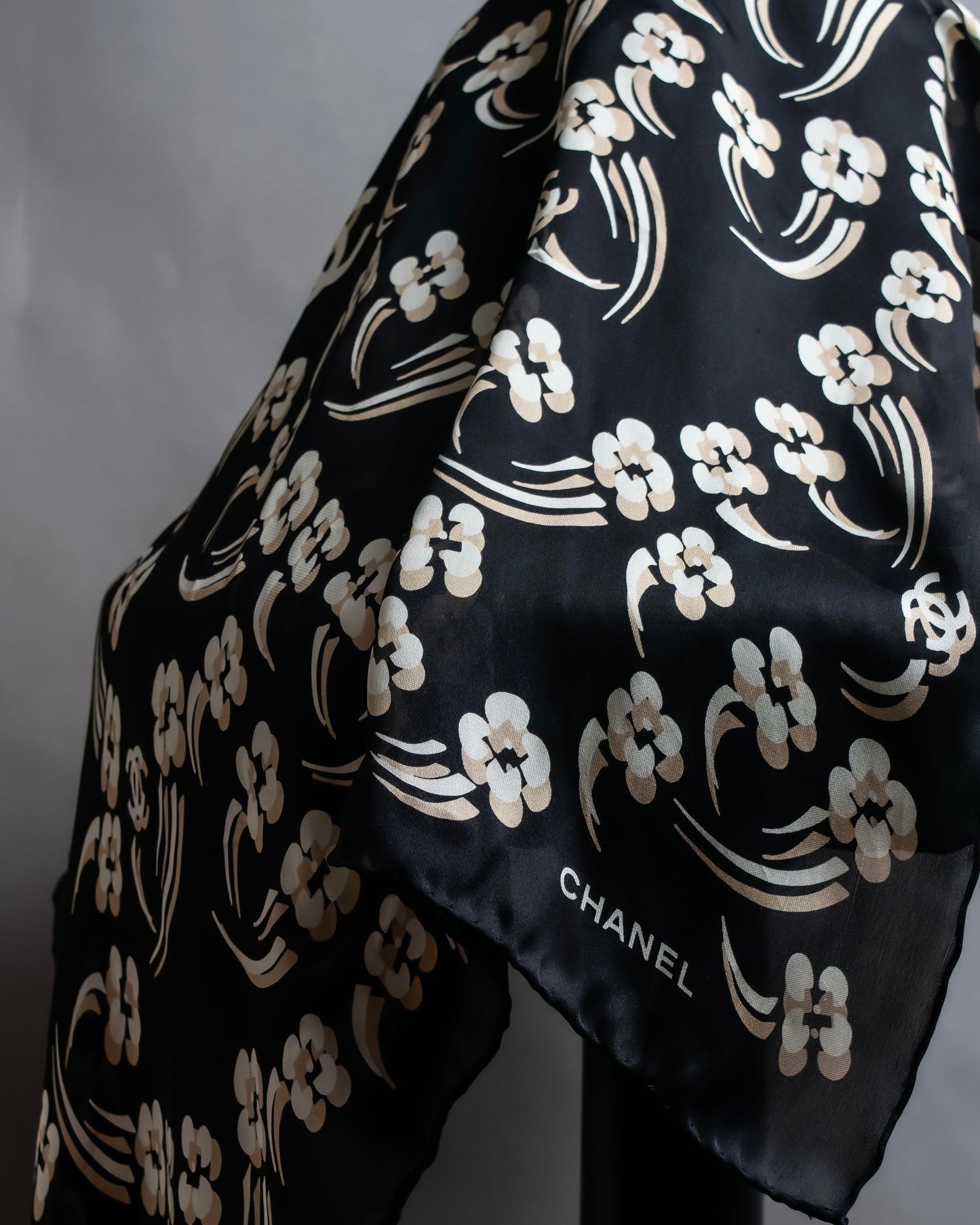 "CHANEL" Flower & cocomark blurred pattern square scarf