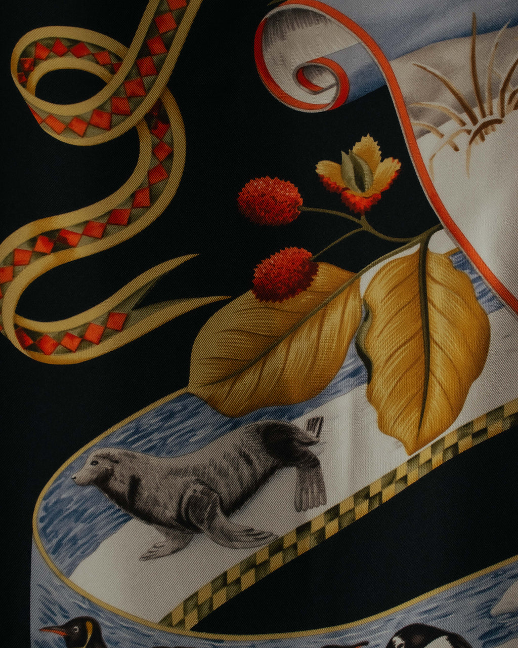 "Salvatore Ferragamo" 90's-00's Vintage arctic fauna and scrolling ribbon silk scarf