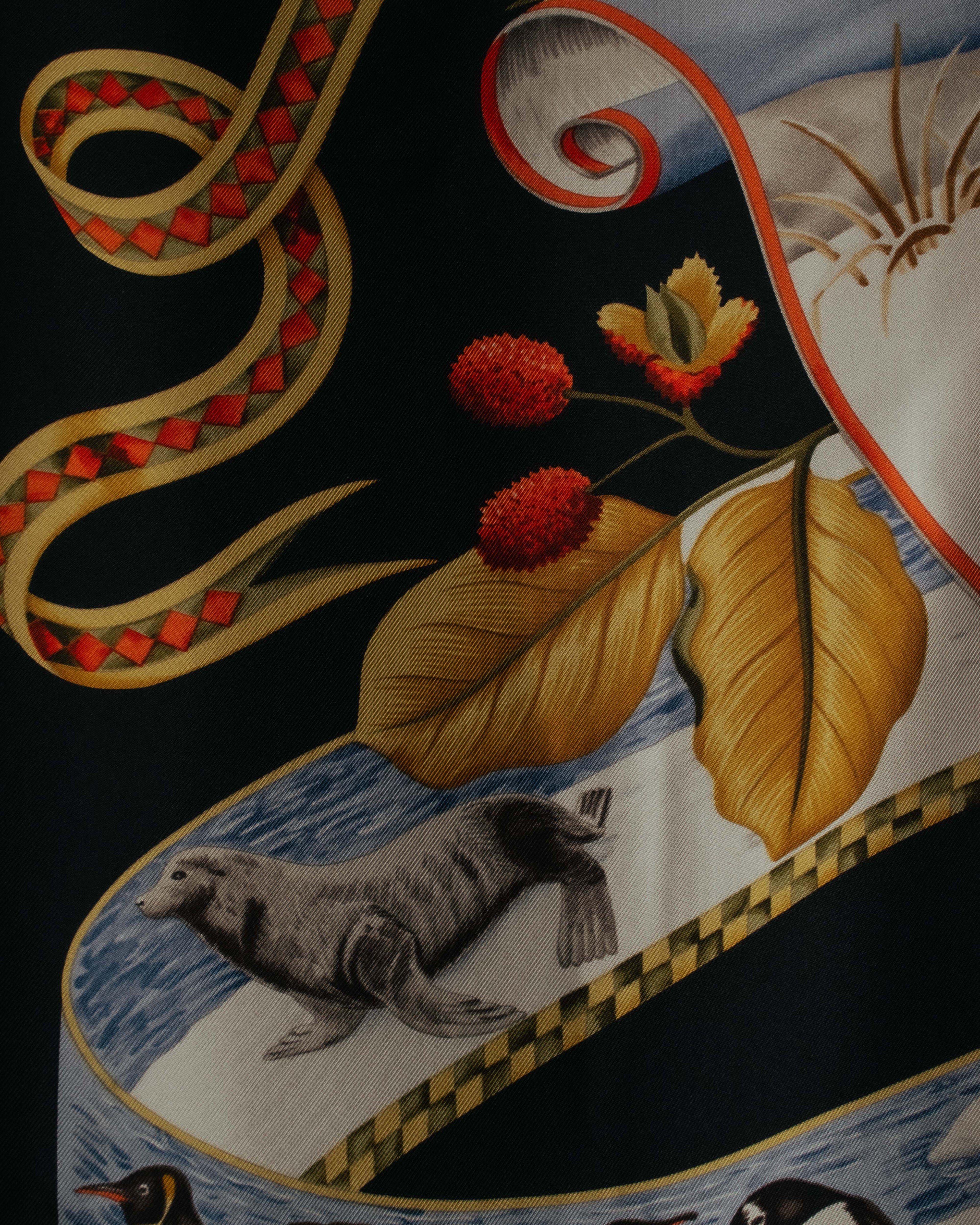 "Salvatore Ferragamo" 90's-00's Vintage arctic fauna and scrolling ribbon silk scarf