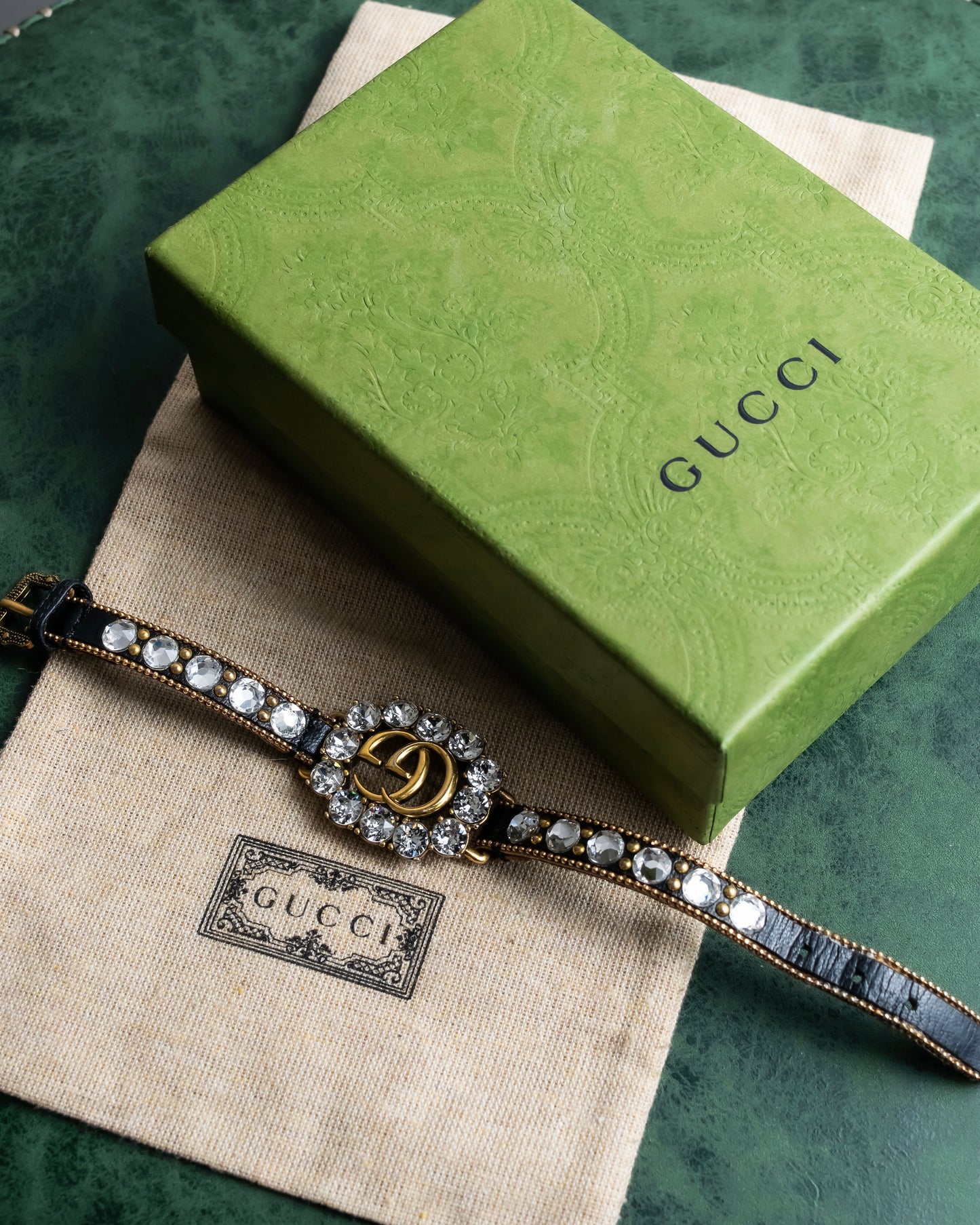 "GUCCI" Double G motif rhinestone leather bracelet