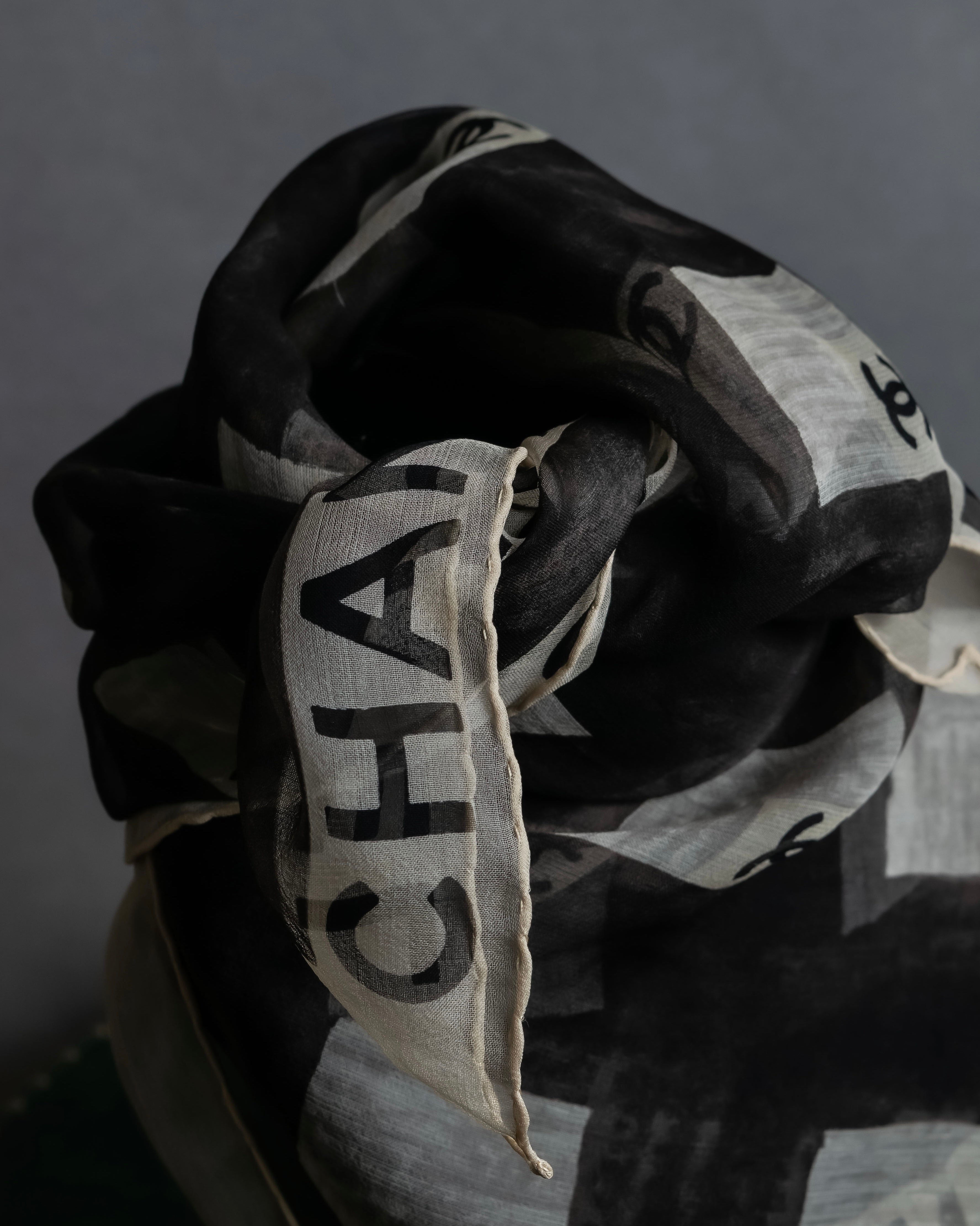 "CHANEL" Coco mark grid pattern silk scarf