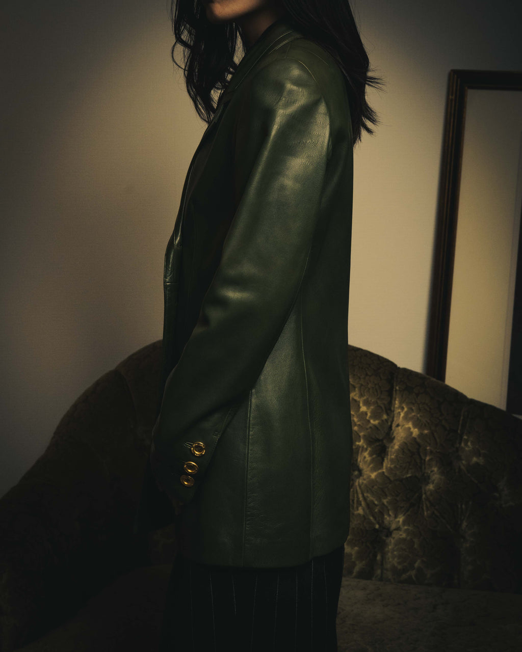 -SPECIAL- “LOEWE” 80’s-90’s Gold buttoned olive leather double-breasted tailored jacket