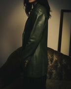 -SPECIAL- “LOEWE” 80’s-90’s Gold buttoned olive leather double-breasted tailored jacket