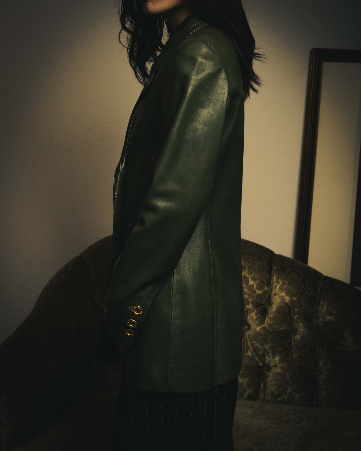 -SPECIAL- “LOEWE” 80’s-90’s Gold buttoned olive leather double-breasted tailored jacket