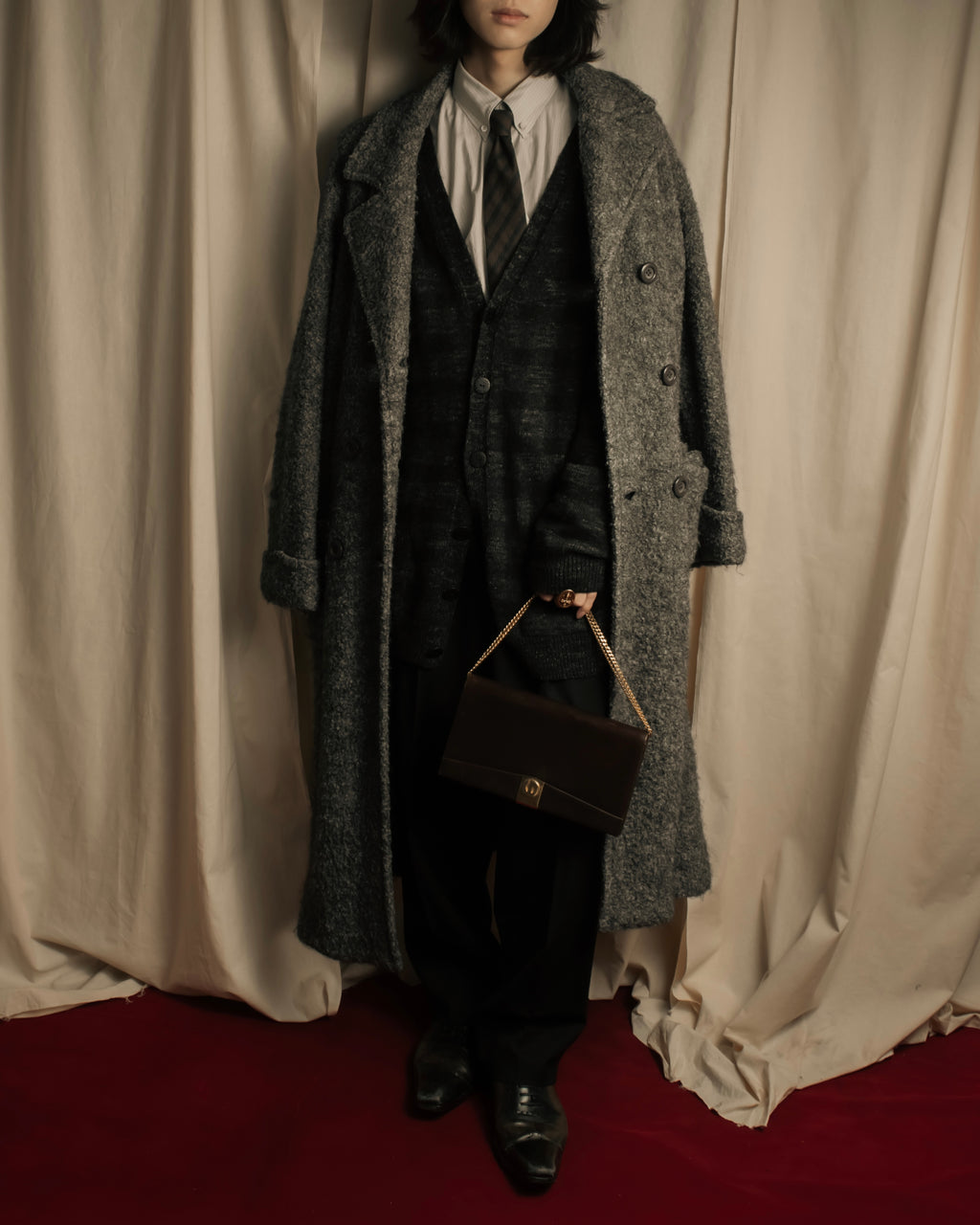 "YVES SAINT LAURENT" Double breasted belted brushedmaxi length chester coat