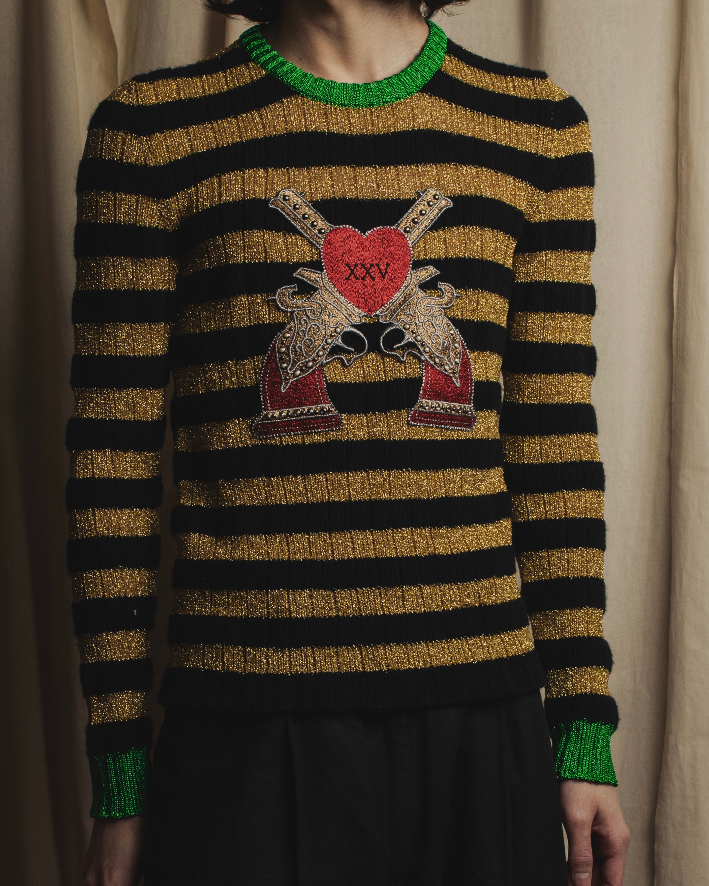 "GUCCI" 17-18aw striped lurex emblem knit sweater