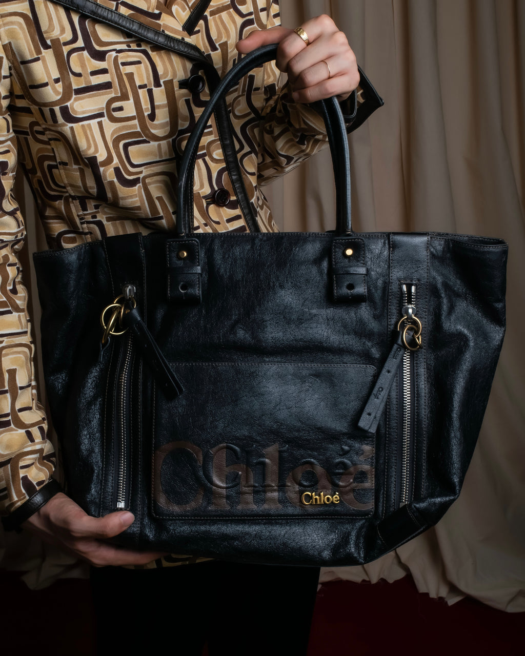 "Chloe" Eclipse series logo engraved leather tote bag
