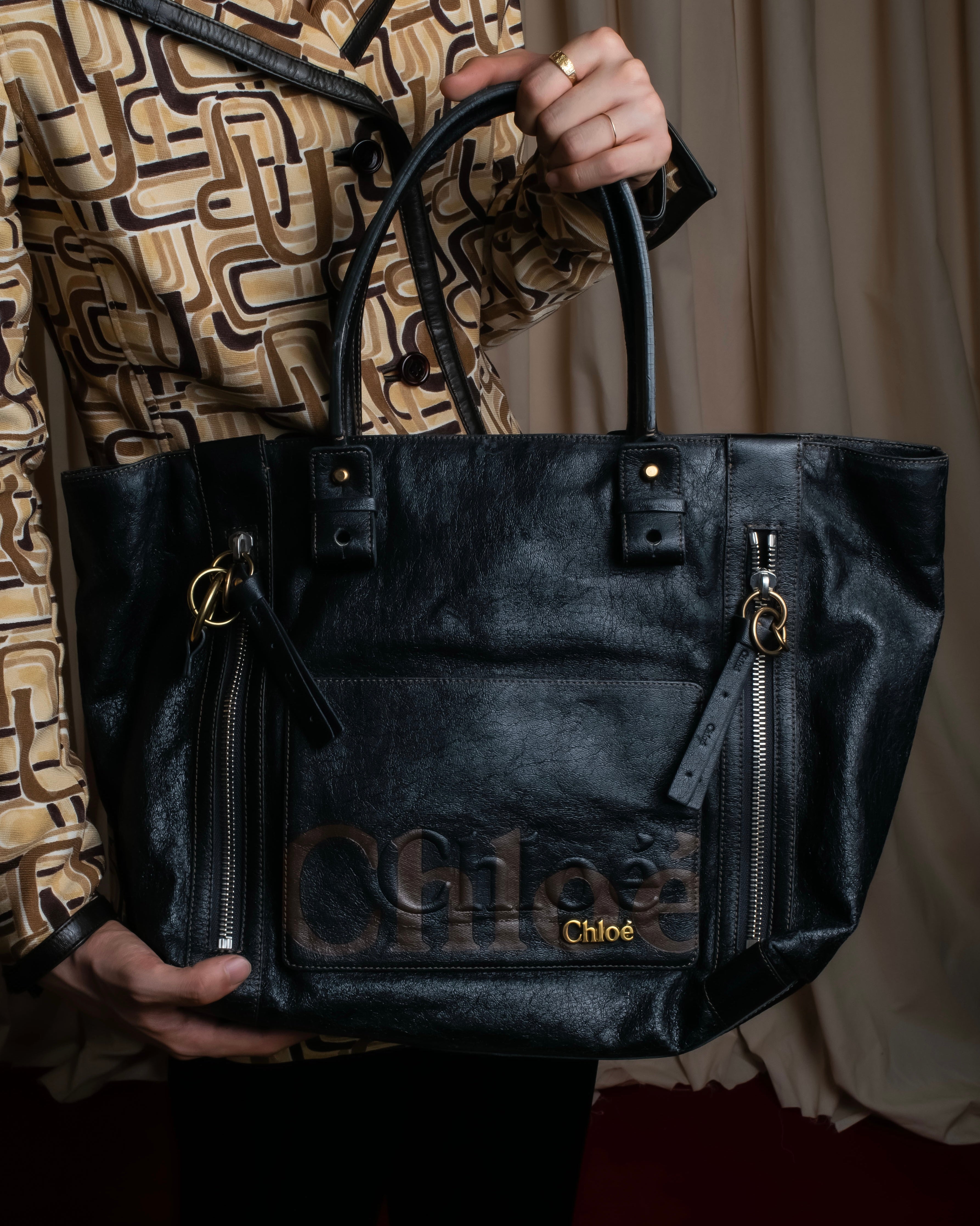"Chloe" Eclipse series logo engraved leather tote bag