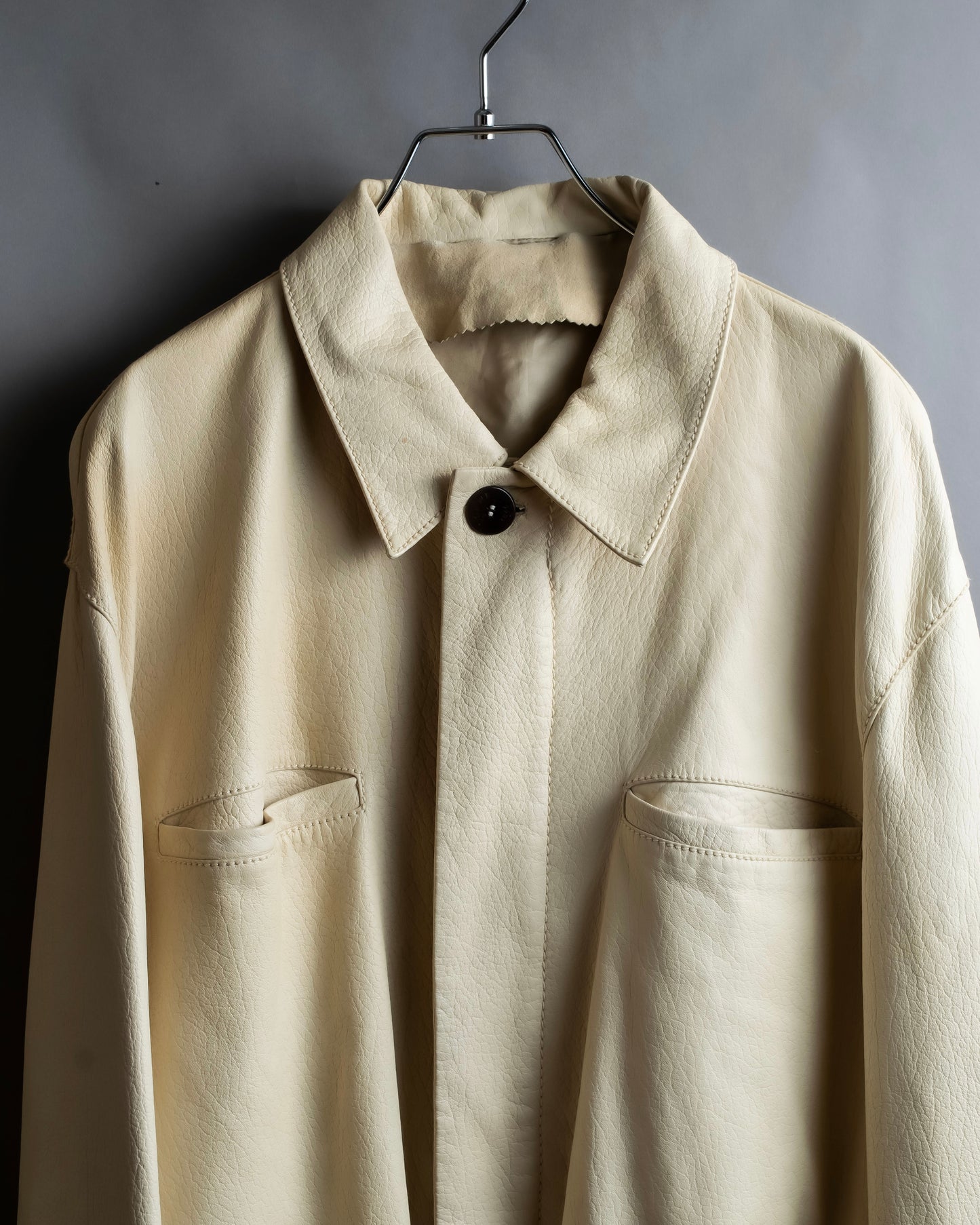 "LOEWE" 100% real leather off white color double zipper mid length coat