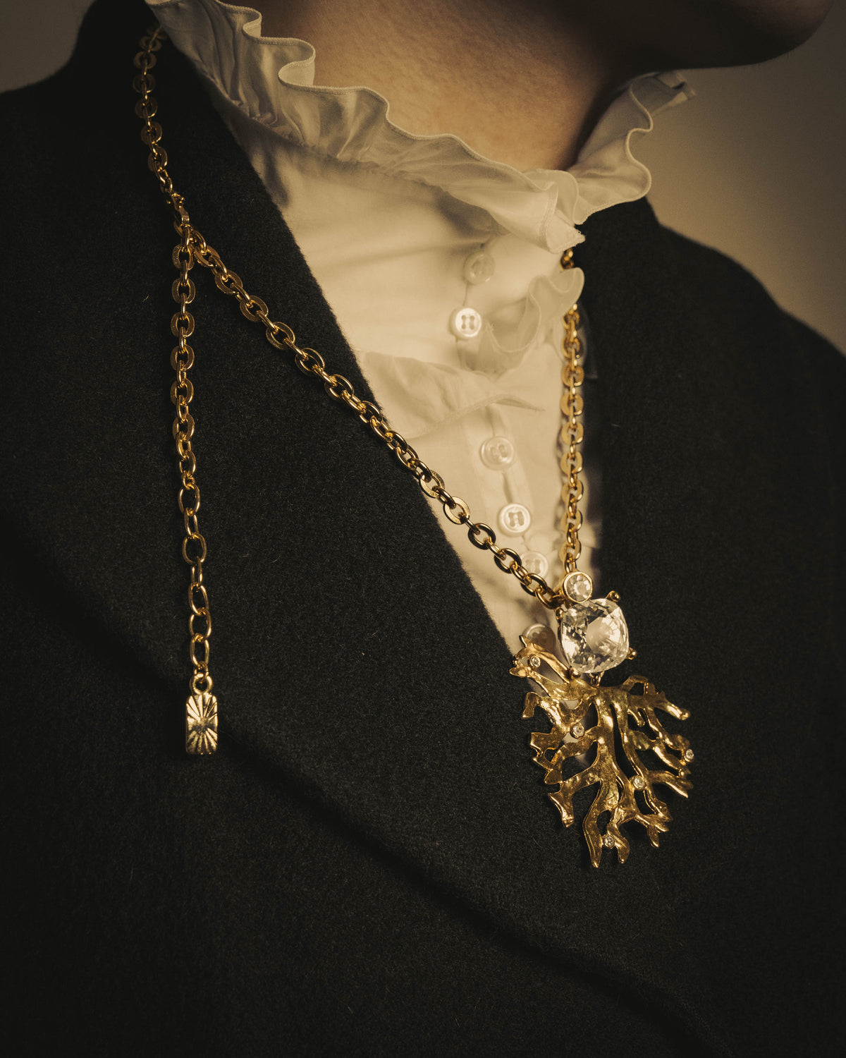 -SPECIAL- "Yves Saint Laurent" 90's-00's Sculptural coral motif crystal pendant necklace