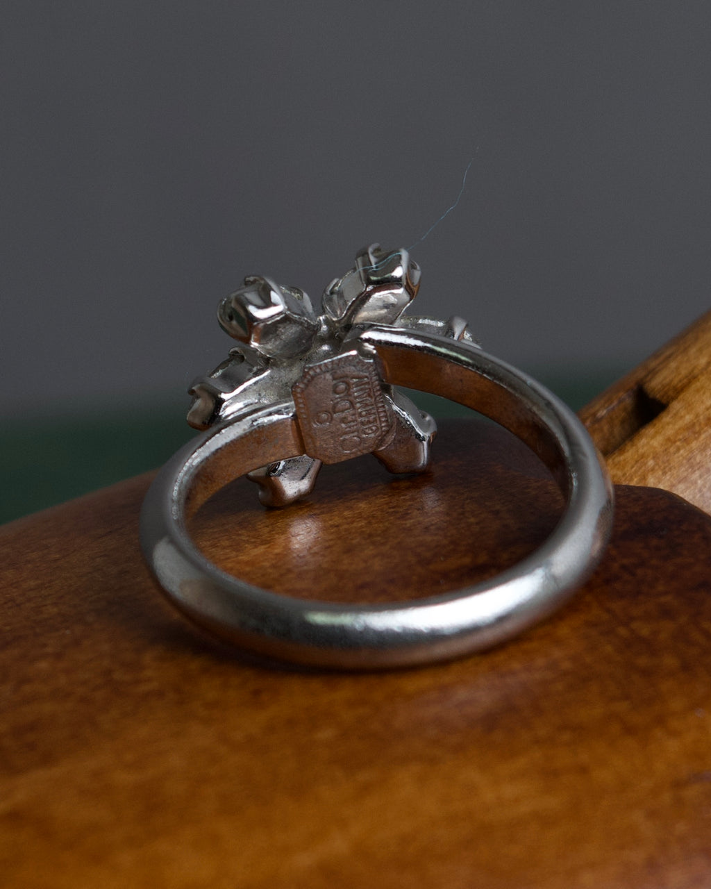"Christian Dior" Flower motif rhinestone silver ring