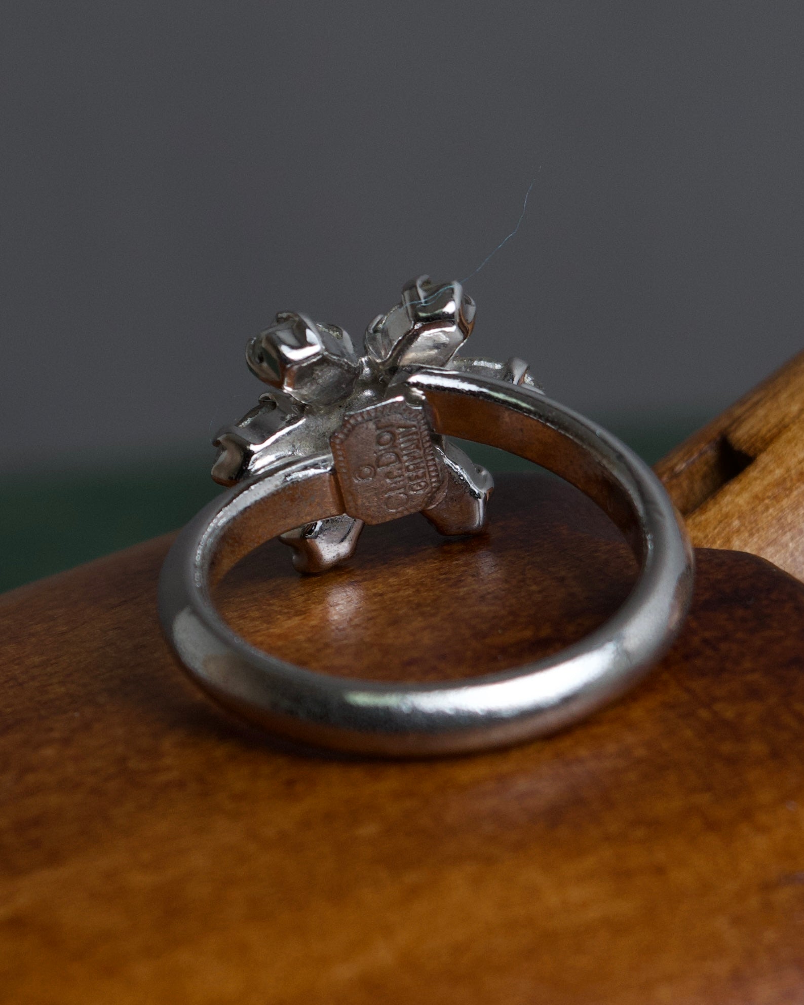 "Christian Dior" Flower motif rhinestone silver ring