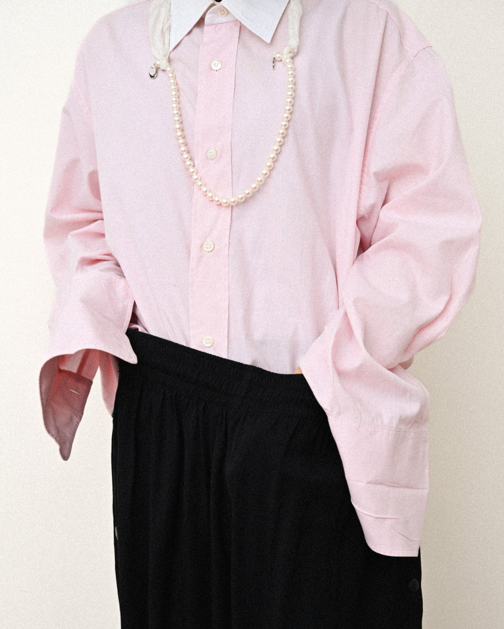 HERMES/ Oversized French Cuffed Contrast Collar Dress Shirt Pink