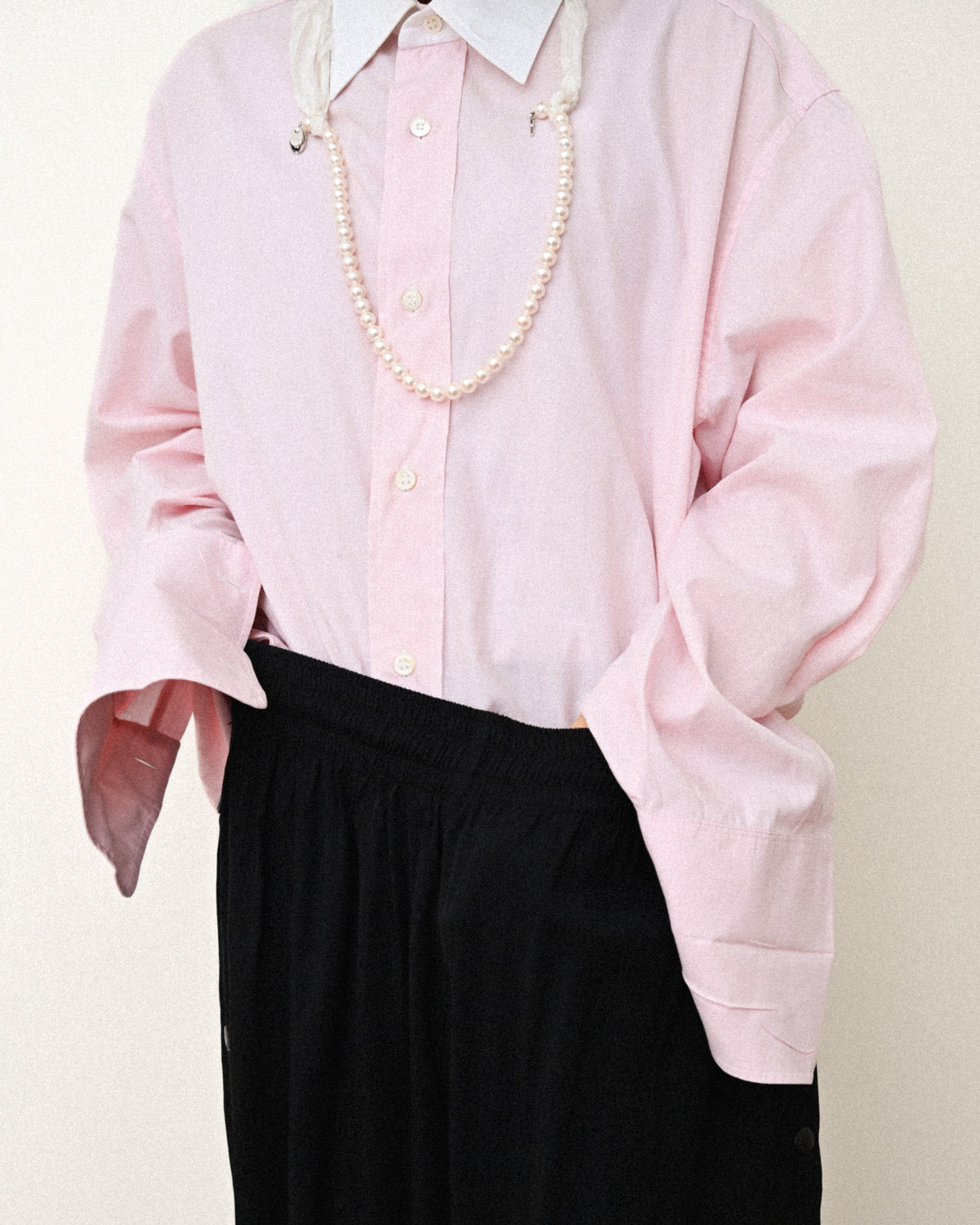 HERMES/ Oversized French Cuffed Contrast Collar Dress Shirt Pink