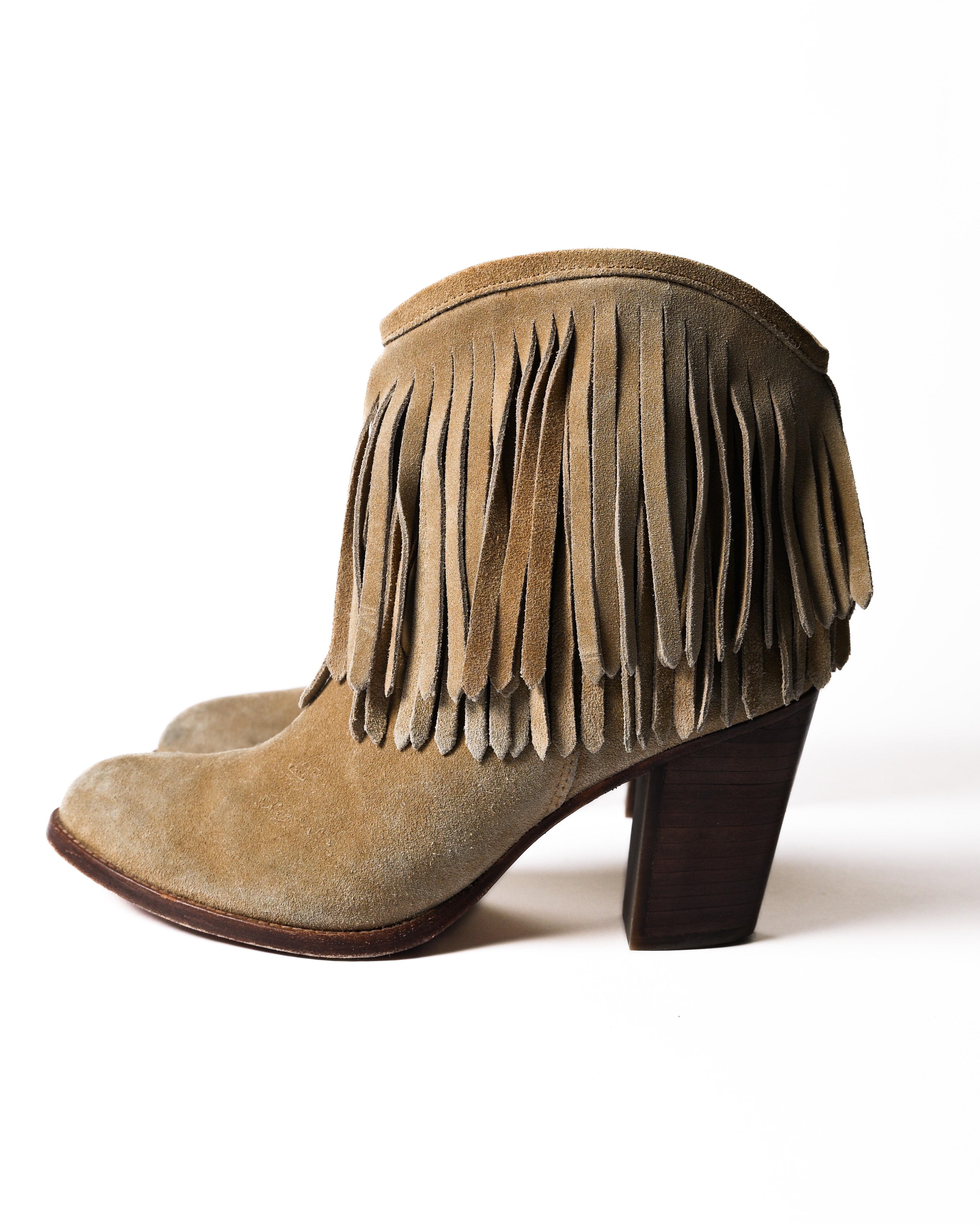 VINTAGE/ Fringe Detailed Suede High Heal Boots