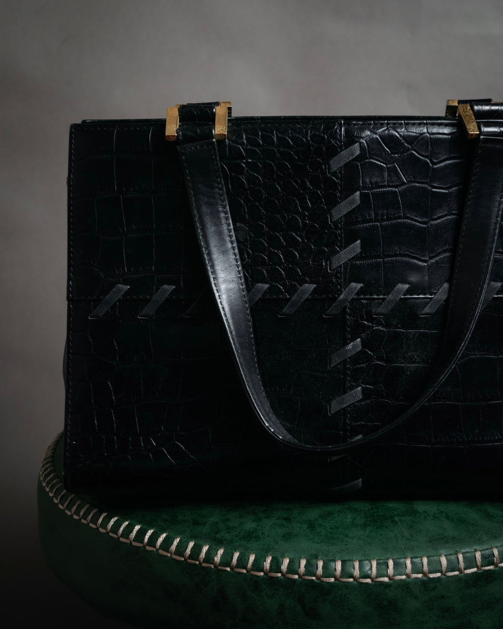 “YVES SAINT LAURENT” 90’s–Early 00’s Croc embossed leather woven stitch tote bag