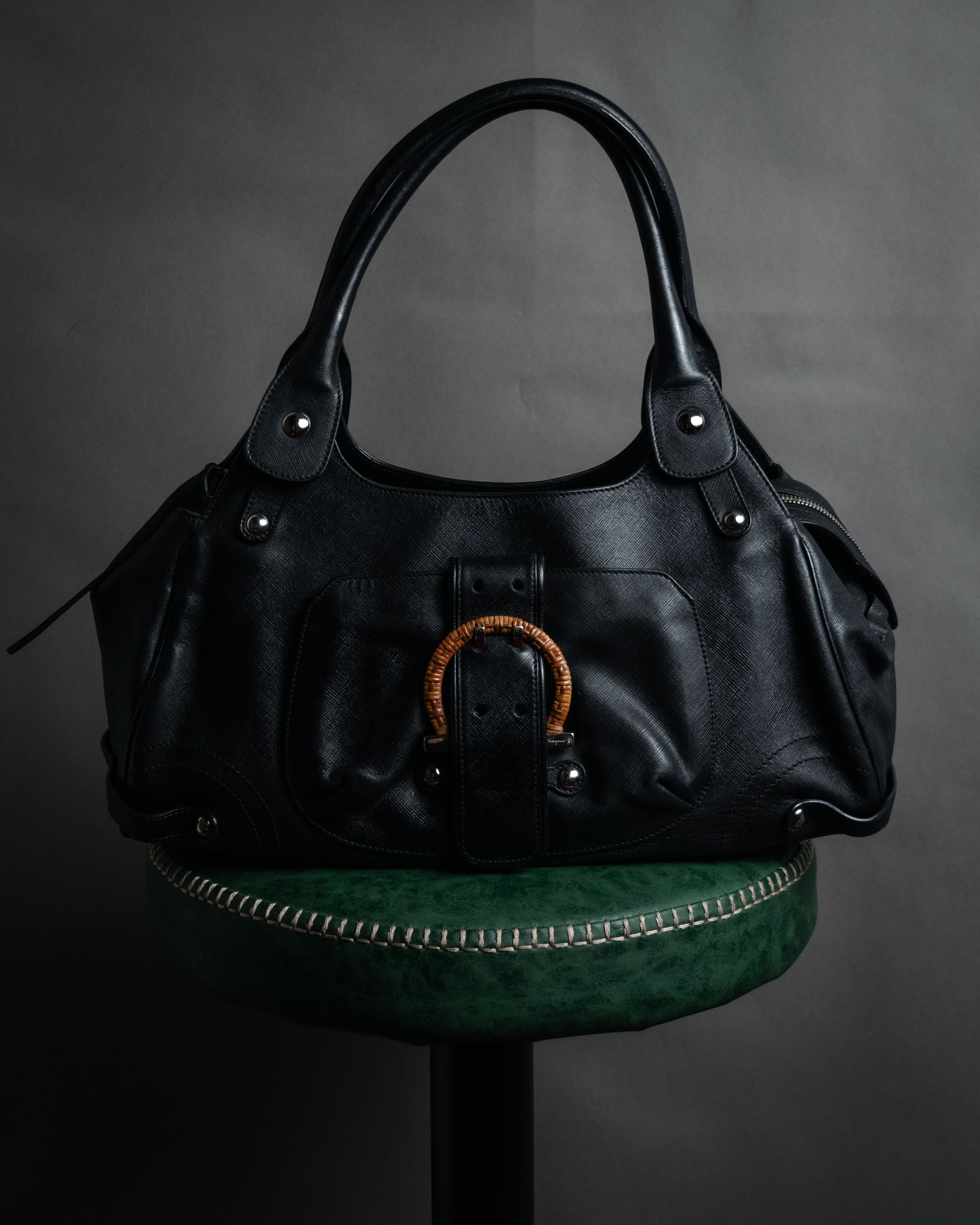 “Salvatore Ferragamo” 90’s-00’s wicker gancini leather handbag