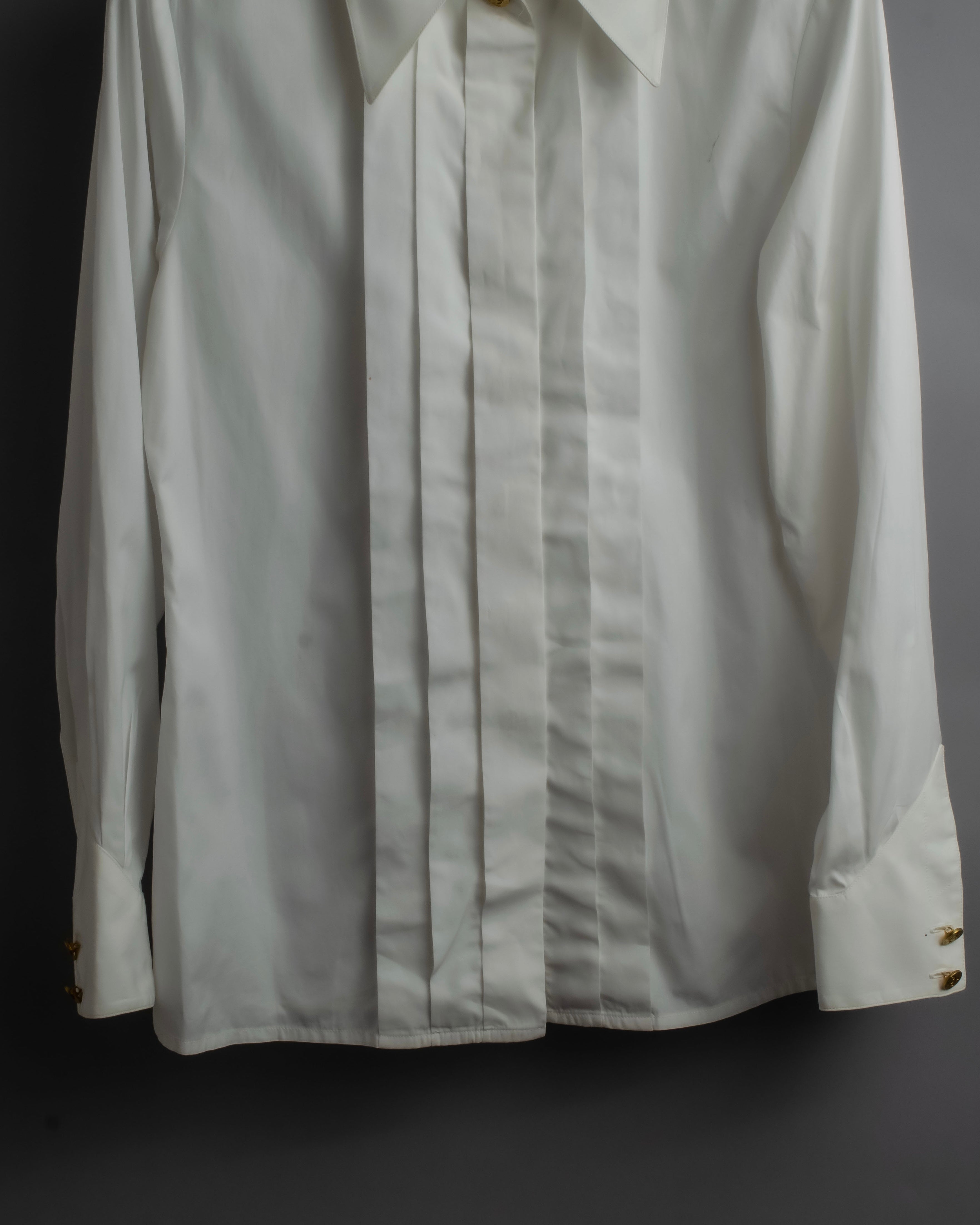 "CHANEL" Gold button design pleated white shirt