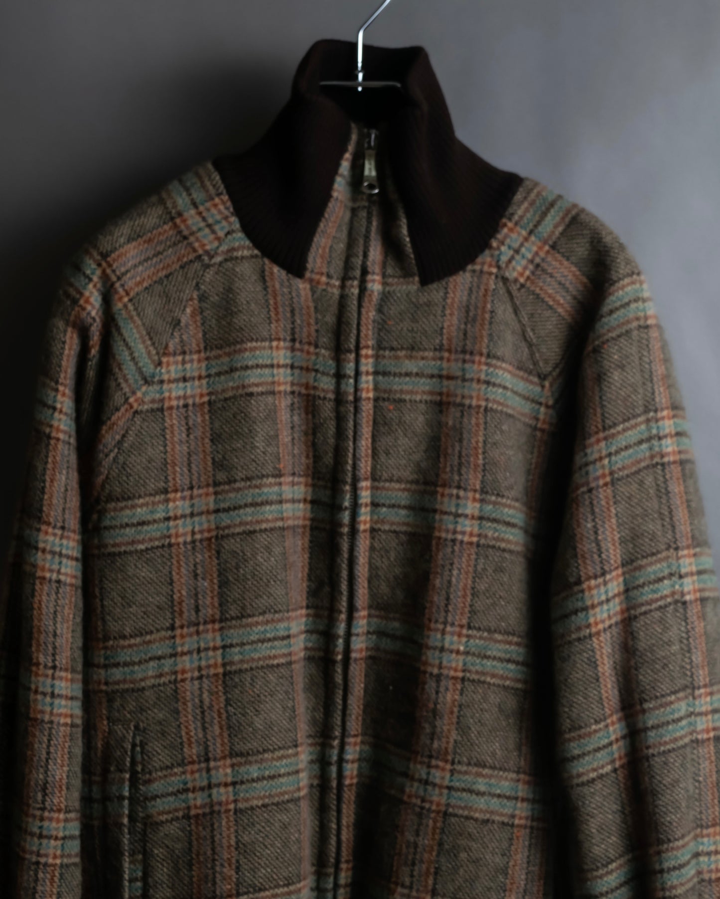 "ETRO" Multi-check pattern high neck ribbed knit blouson