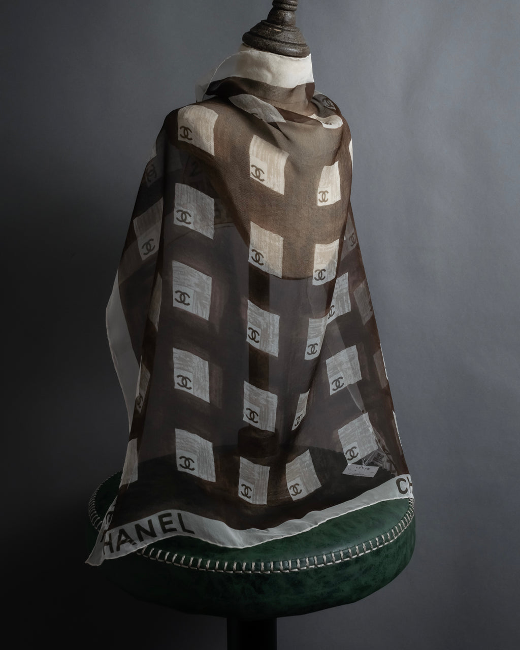 "CHANEL" 90's Square icon logo pattern sheer silk scarf