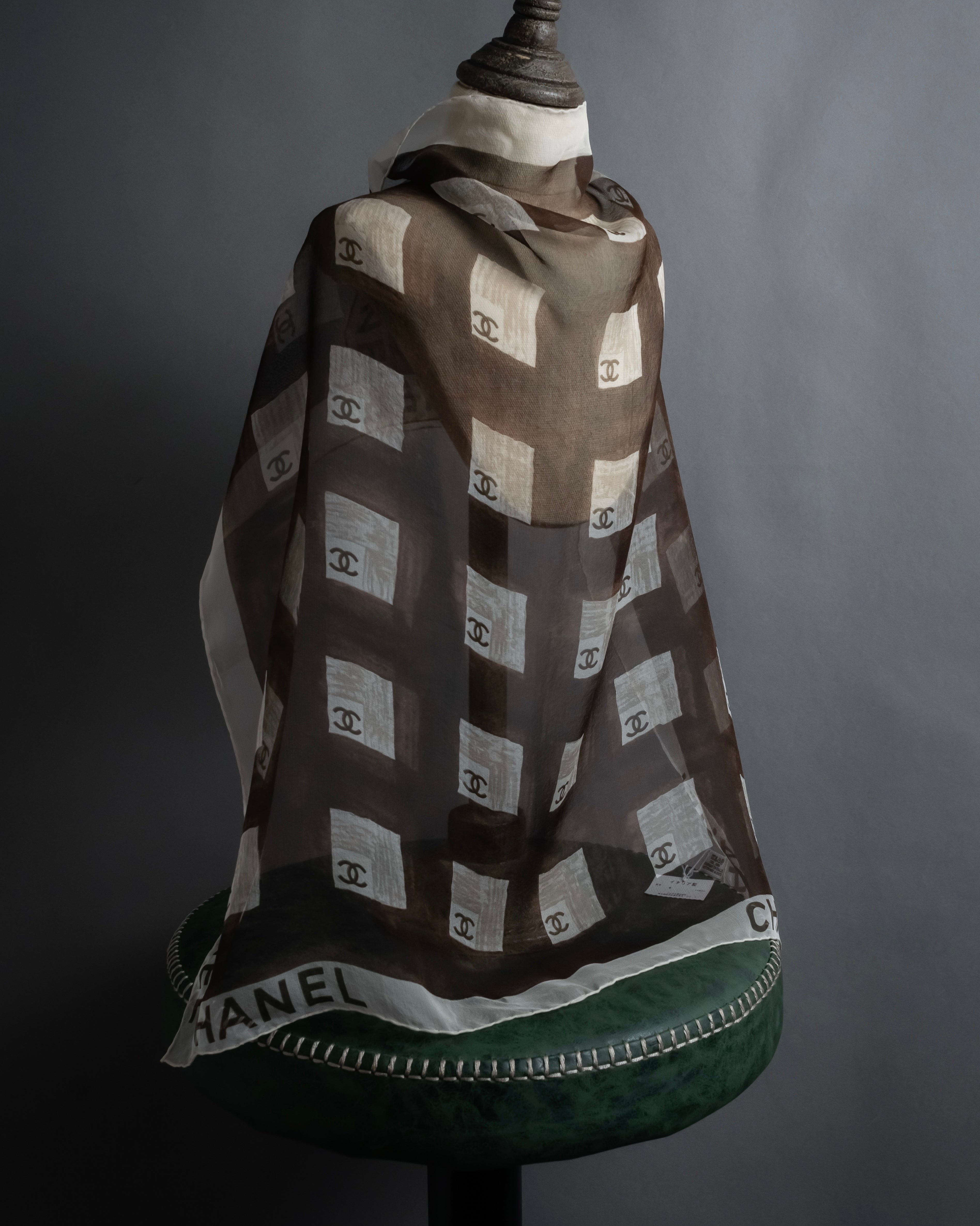 "CHANEL" 90's Square icon logo pattern sheer silk scarf