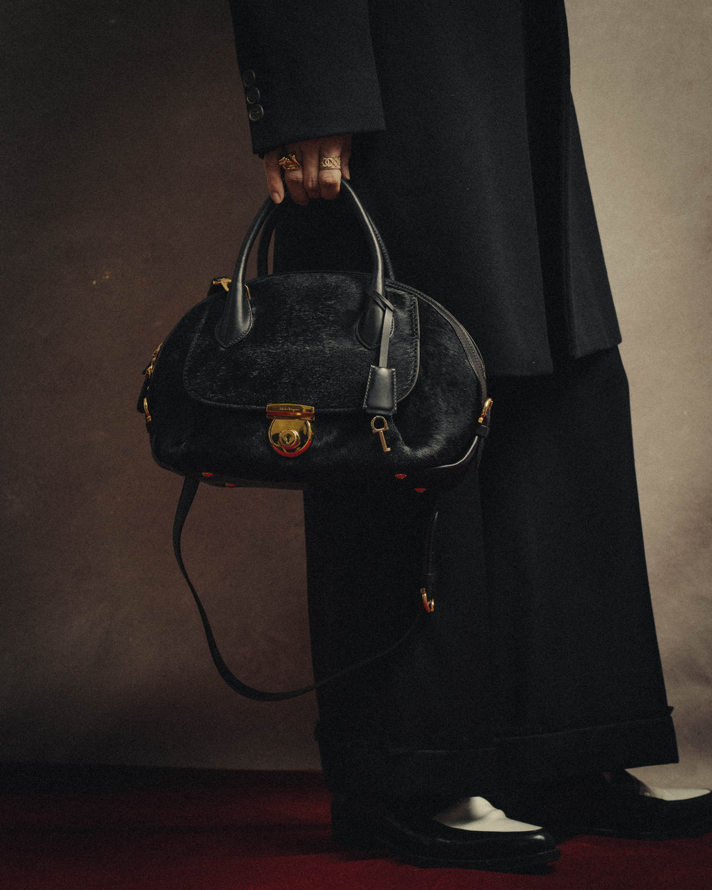 -SPECIAL- “Salvatore Ferragamo“ 90's-00's Gancini pony hair and leather dual-way boston bag