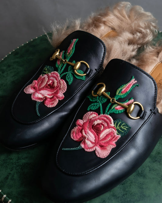 "GUCCI" Rose＆leaf embroidery princetown loafers