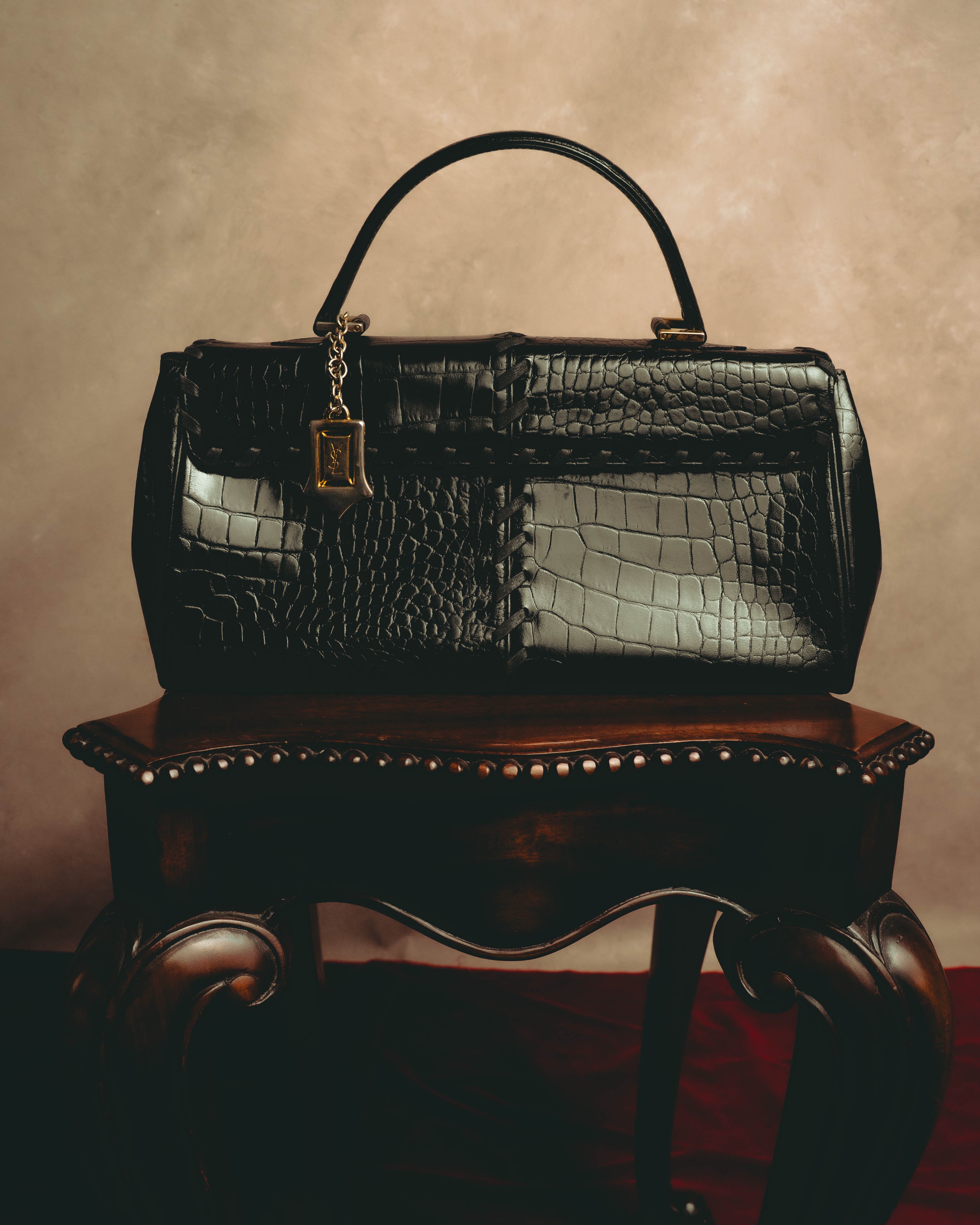 -SPECIAL- “Yves Saint Laurent” 80’s-90’s Crocodile embossed lace-up handbag