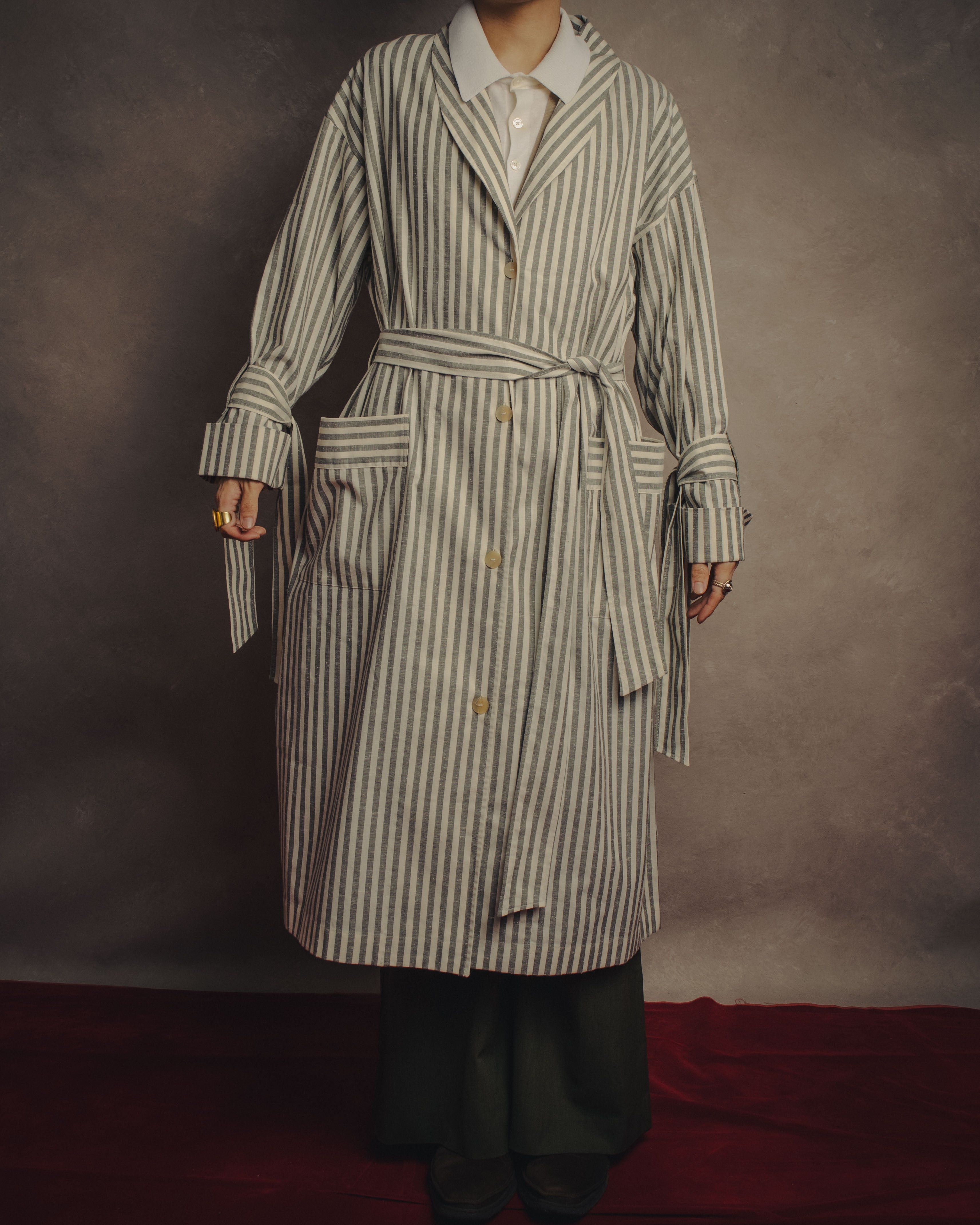 -SPECIAL- “LOEWE” 2010’s striped ribbon sleeve long gown coat