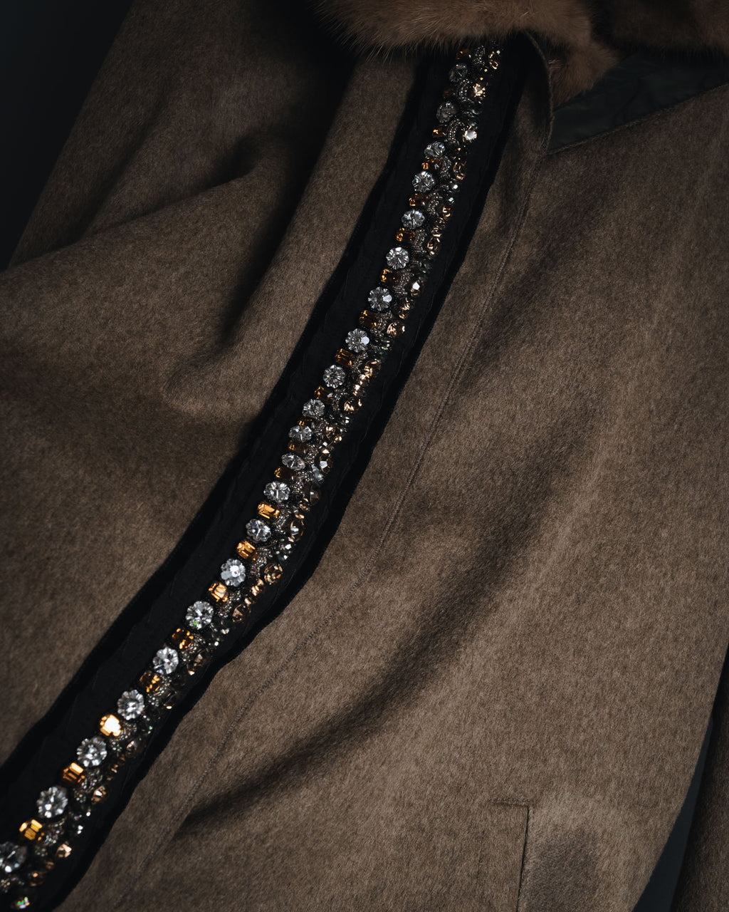 "PRADA" 90’s-00’s embellished fur-collar stretch tech coat