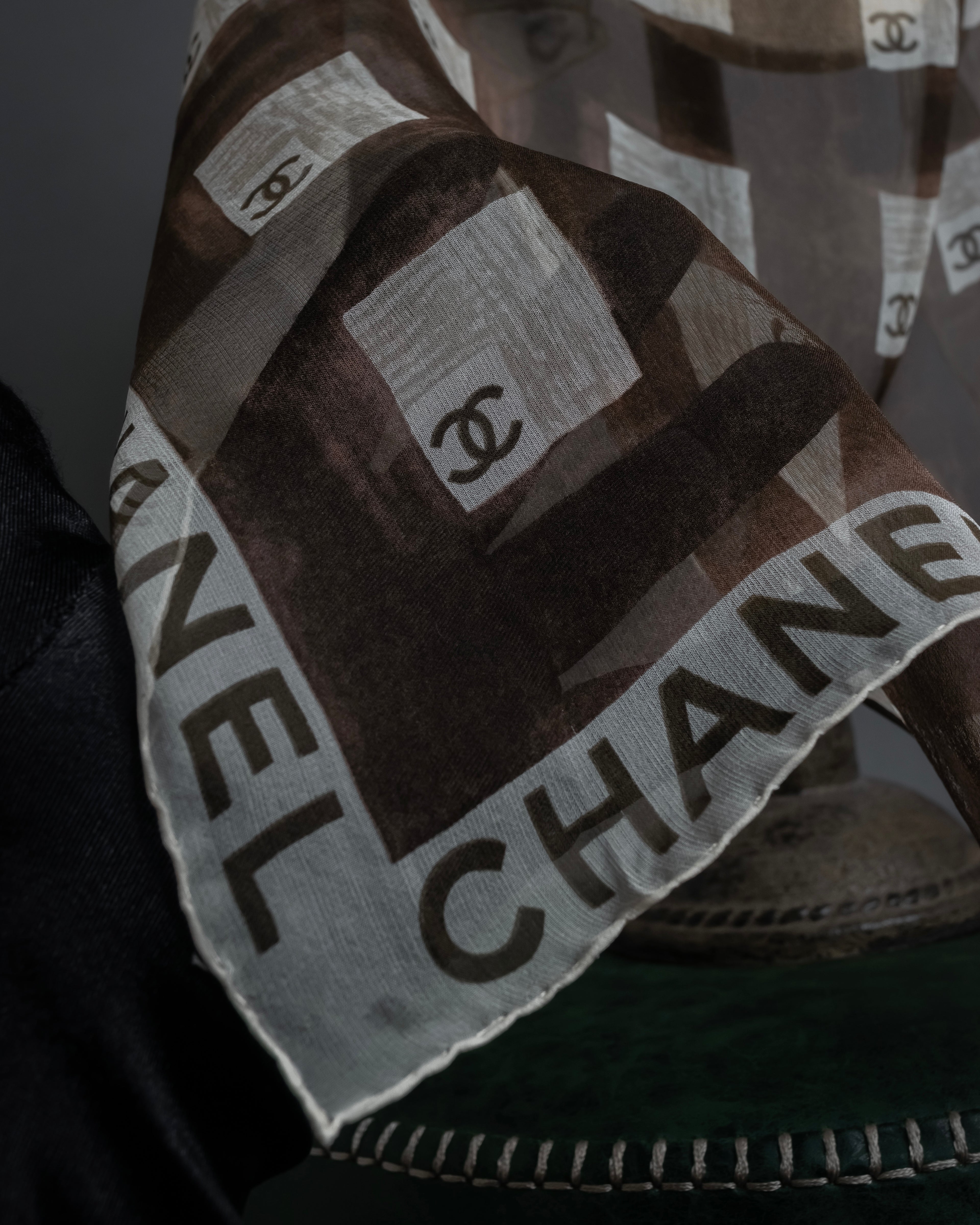 "CHANEL" 90's Square icon logo pattern sheer silk scarf