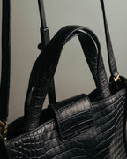 "Salvatore Ferragamo" 90's-00's Croc embossed leather shoulder bag