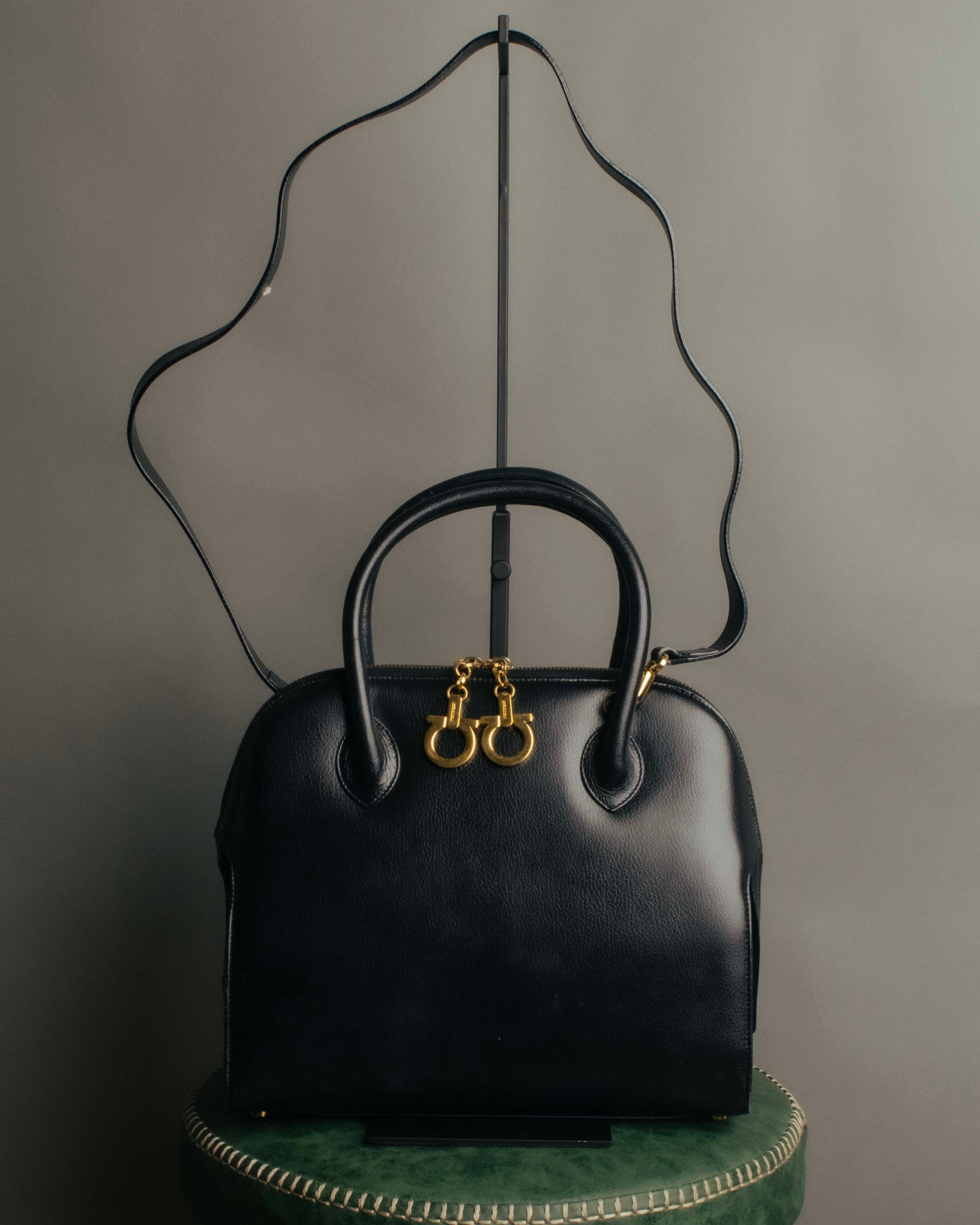 "Salvatore Ferragamo" 90's-00's Vintage iconic gancini pebbled leather dome top handle bag
