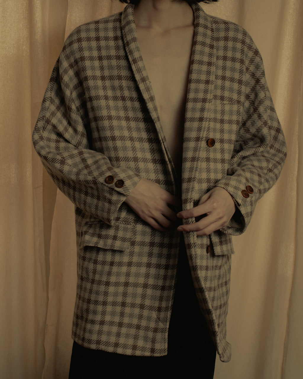 "GUCCI" 80’s checked wool shawl collar jacket