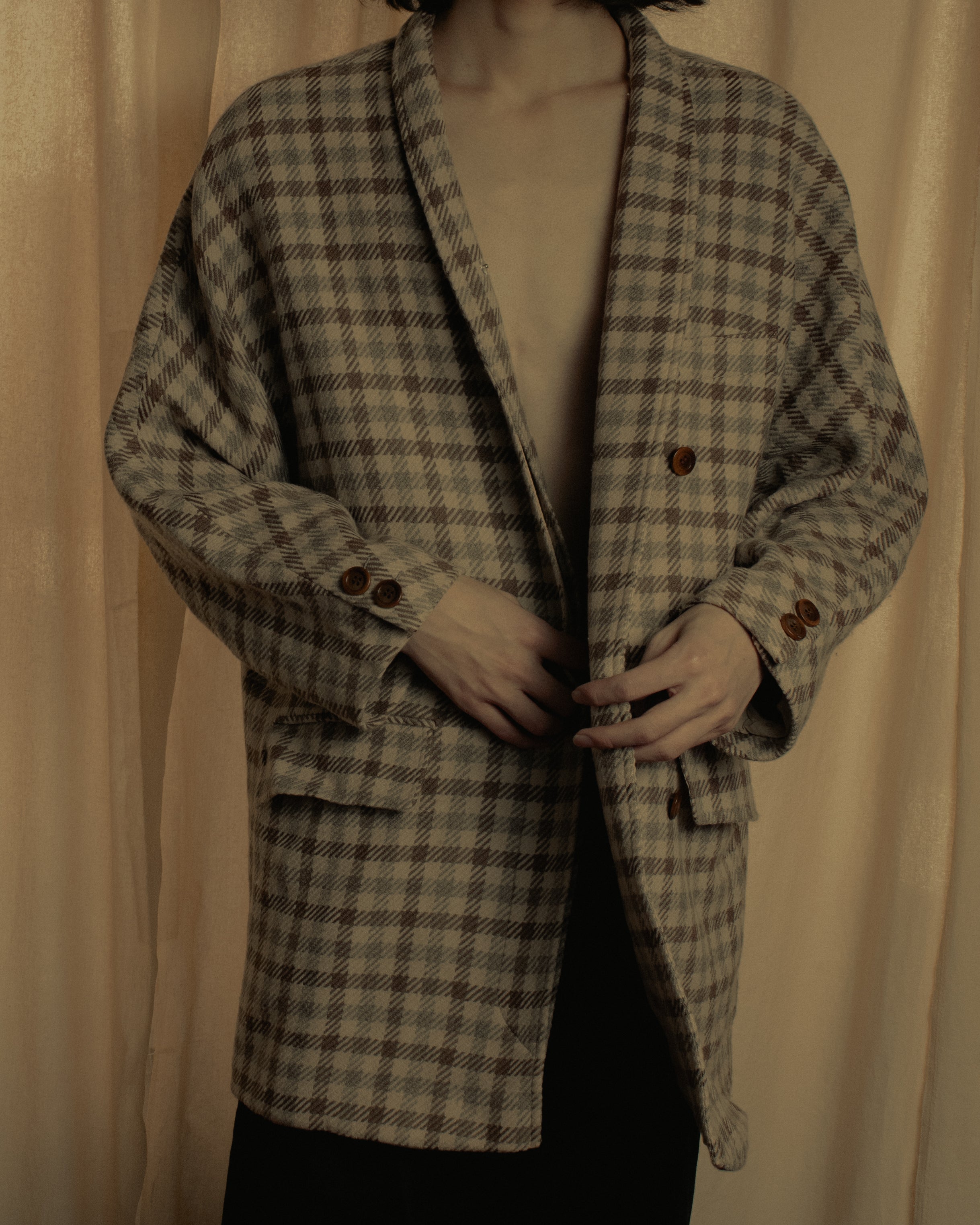"GUCCI" 80’s checked wool shawl collar jacket