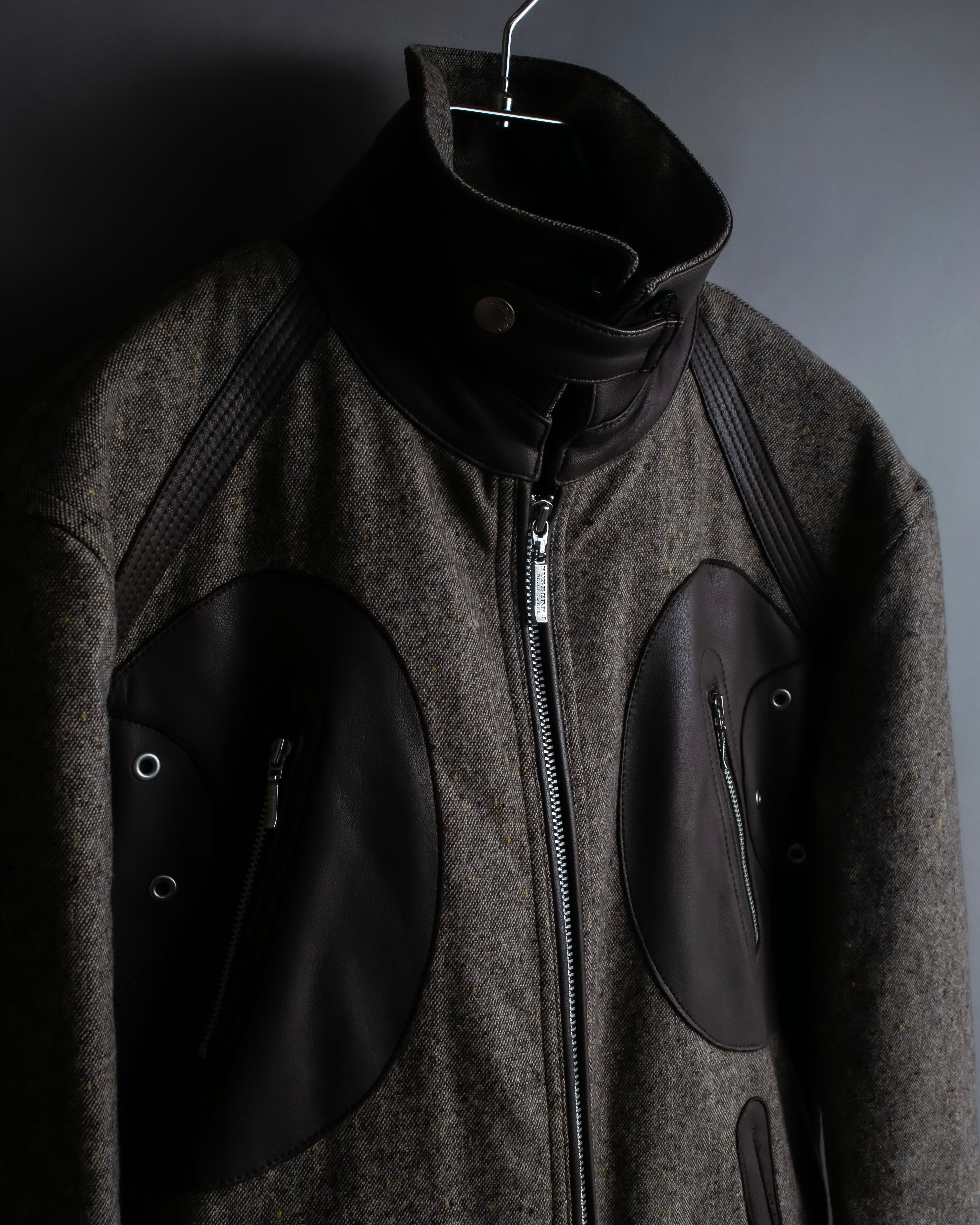 "BURBERRY Black Label" Leather combination design zip-up blouson