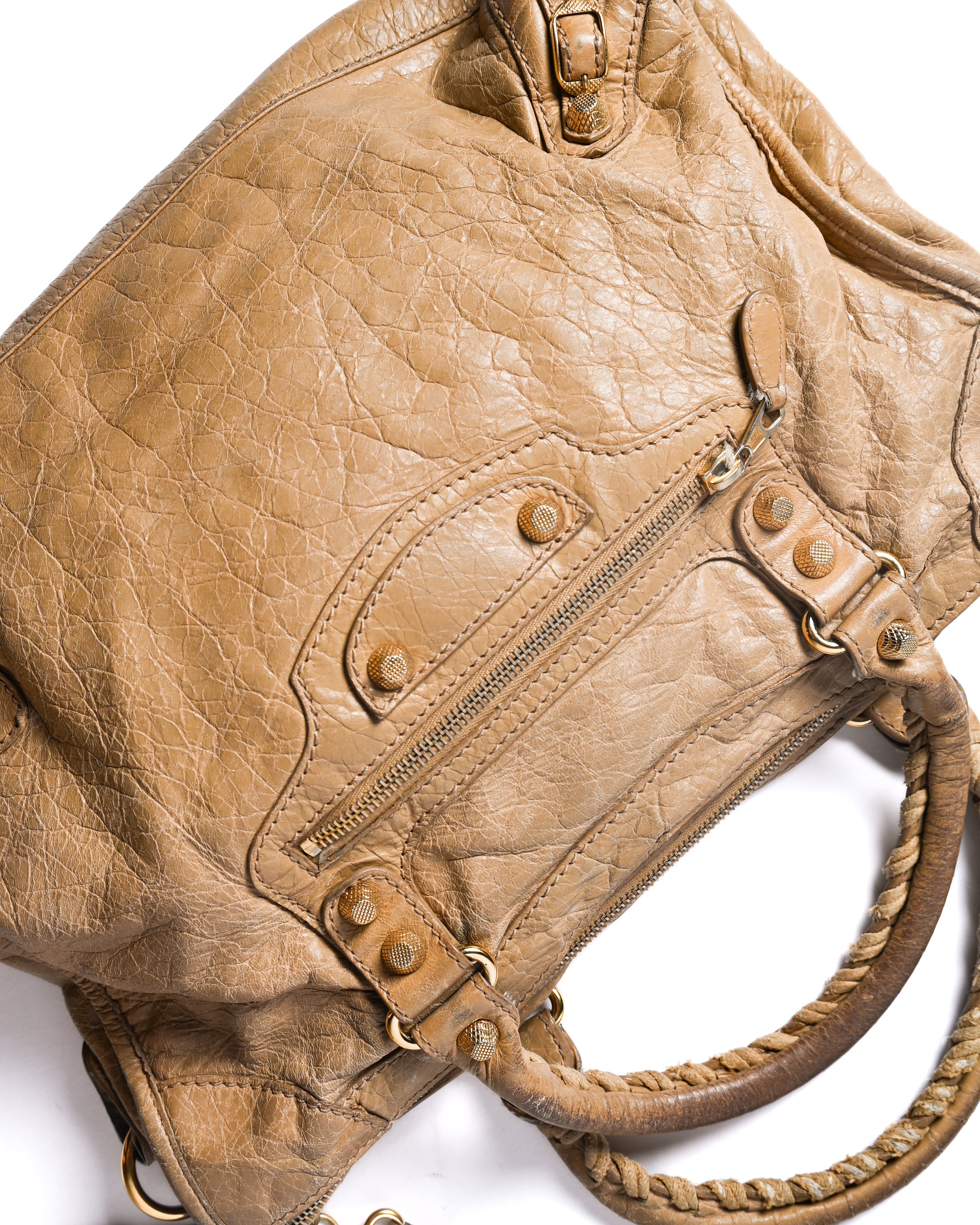 BALENCIAGA/ “Giant City” Gold Studs 2 Way Handbag Beige