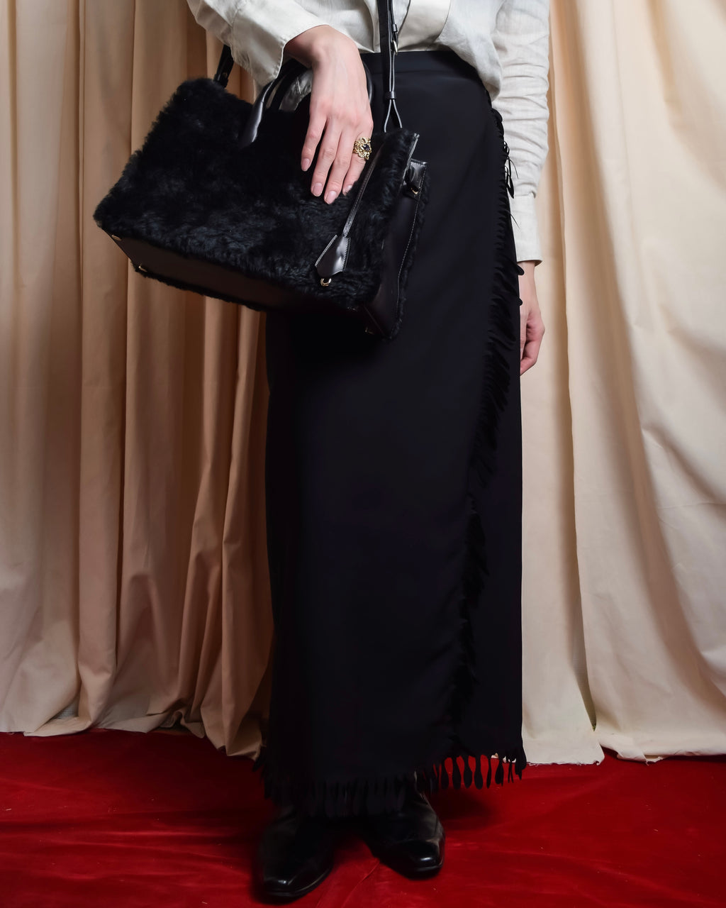 "ISSEY MIYAKE" Organic cutout fringe wrap skirt