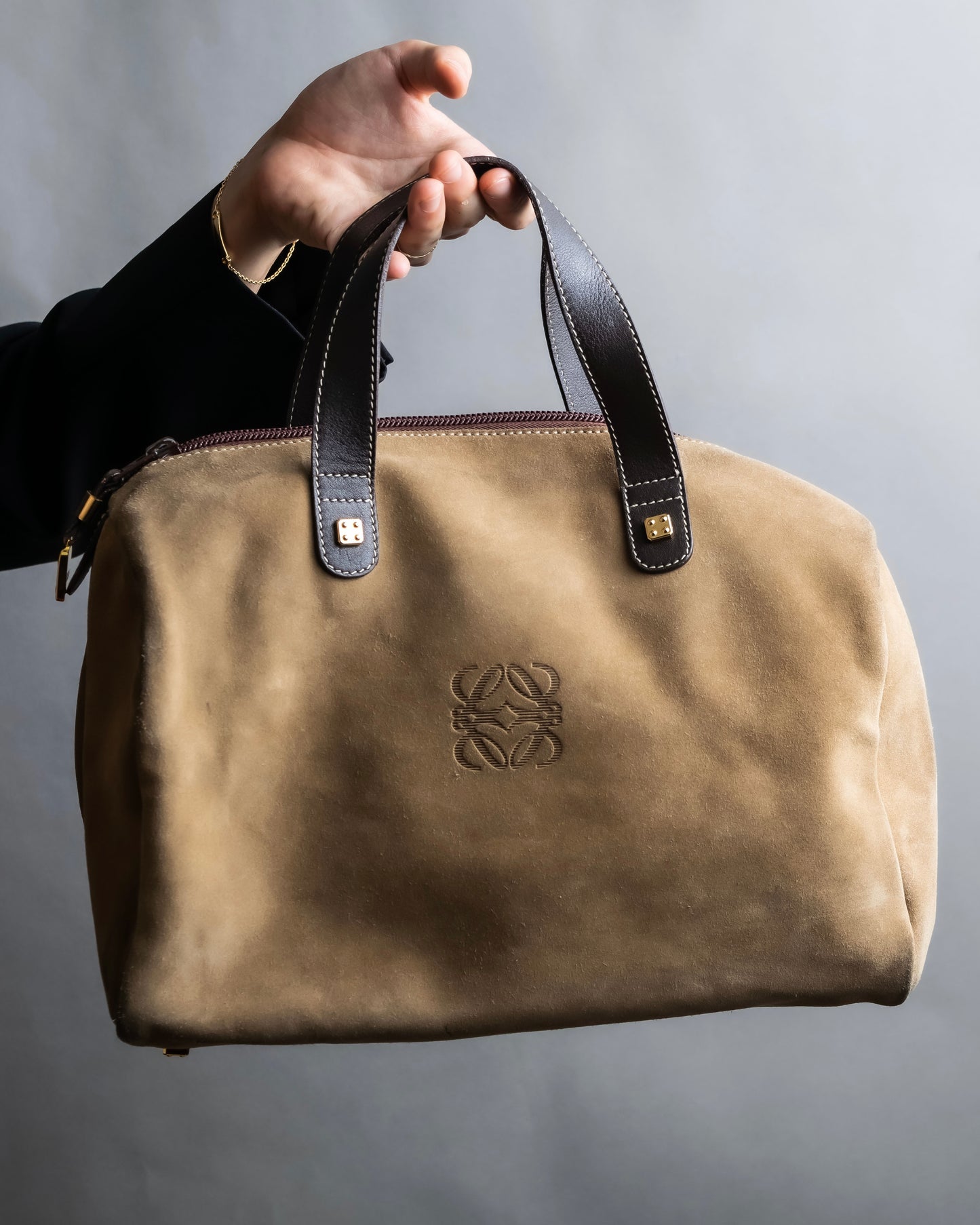 "LOEWE" Logo engraved suede mini boston bag