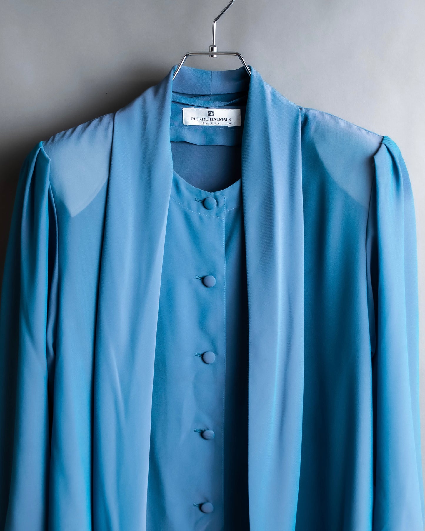 "PIERRE BALMAIN" Beautiful light blue color sheer bowtie blouse