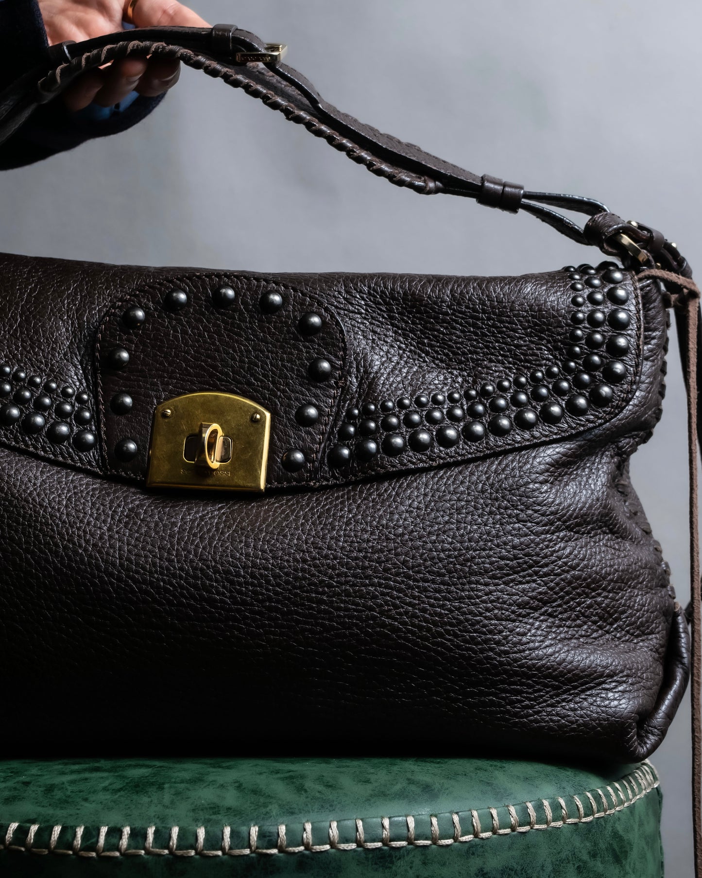 "Sergio Rossi" Stud design horizontal leather 2way shoulder bag