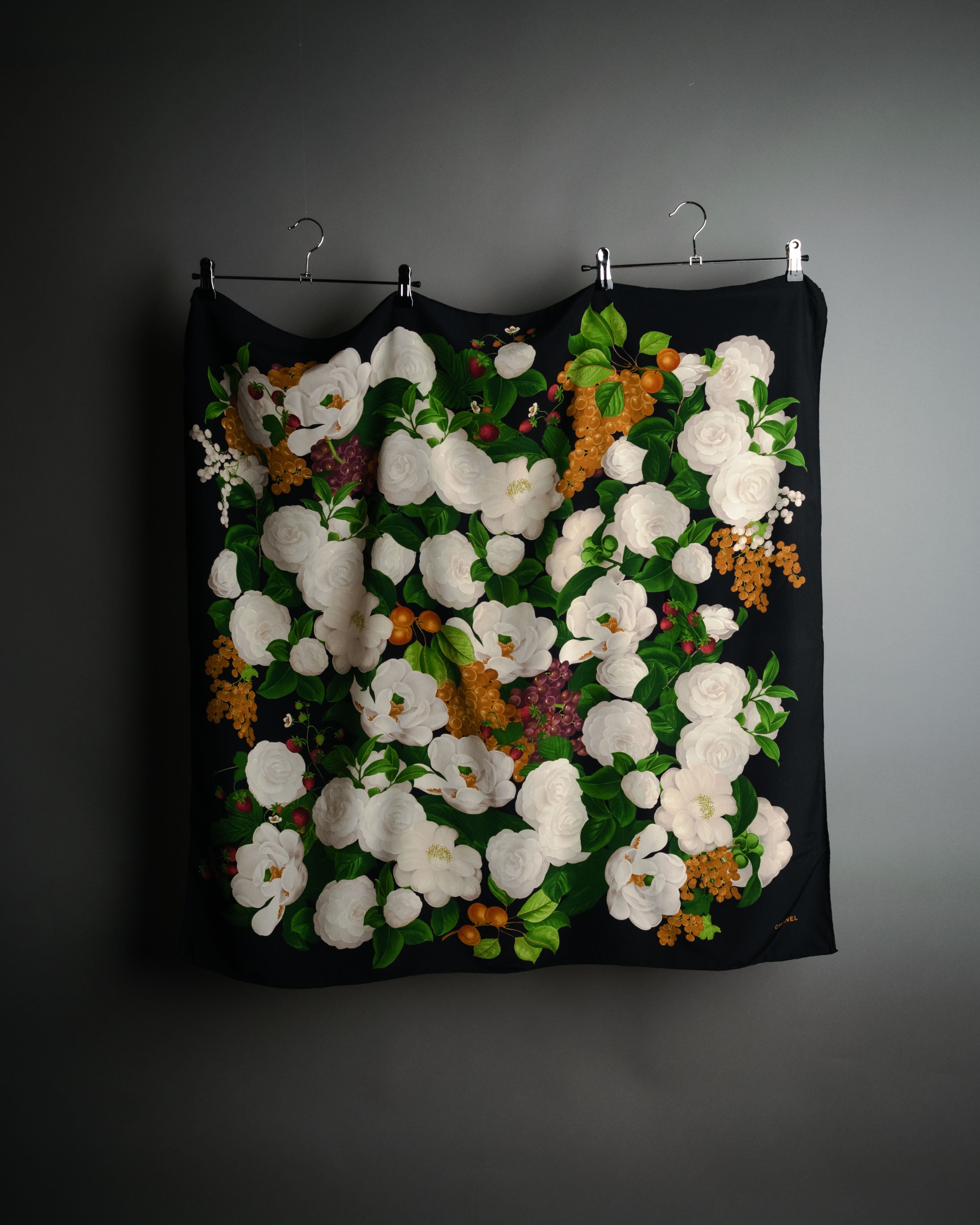 SPECIAL- “CHANEL” 80's-90's camellia fruit printed silk scarf – MOOD