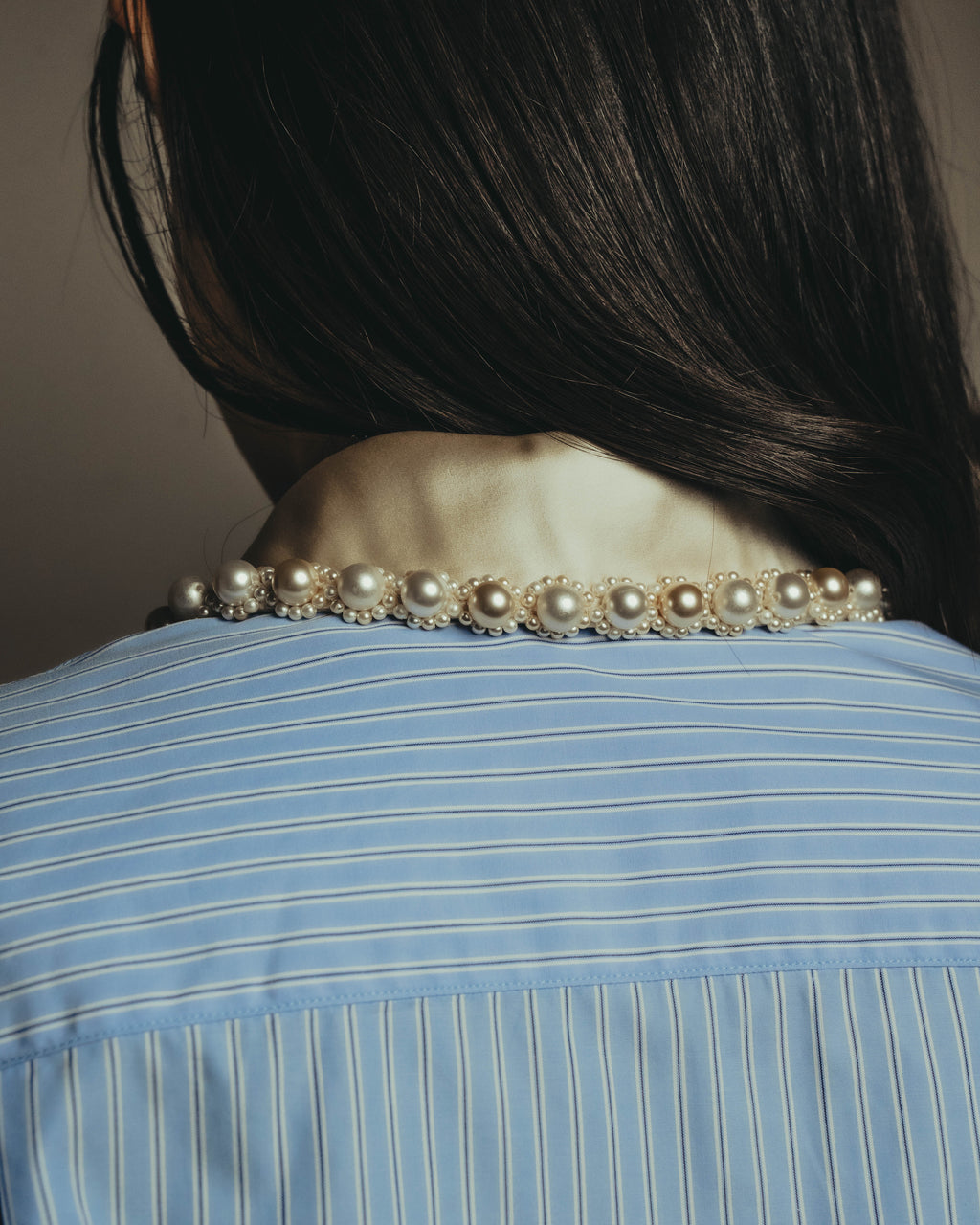 -SPECIAL- "GUCCI" 2010's-20's Pearl embellished detachable collar striped long shirt