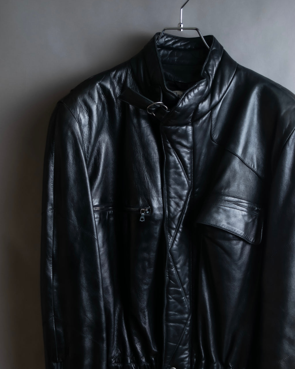 "Claude Montana" Drawcord detail stand-up collar leather blouson