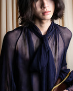 "HERMES" Bowtie detail balloon sleeve sheer pullover