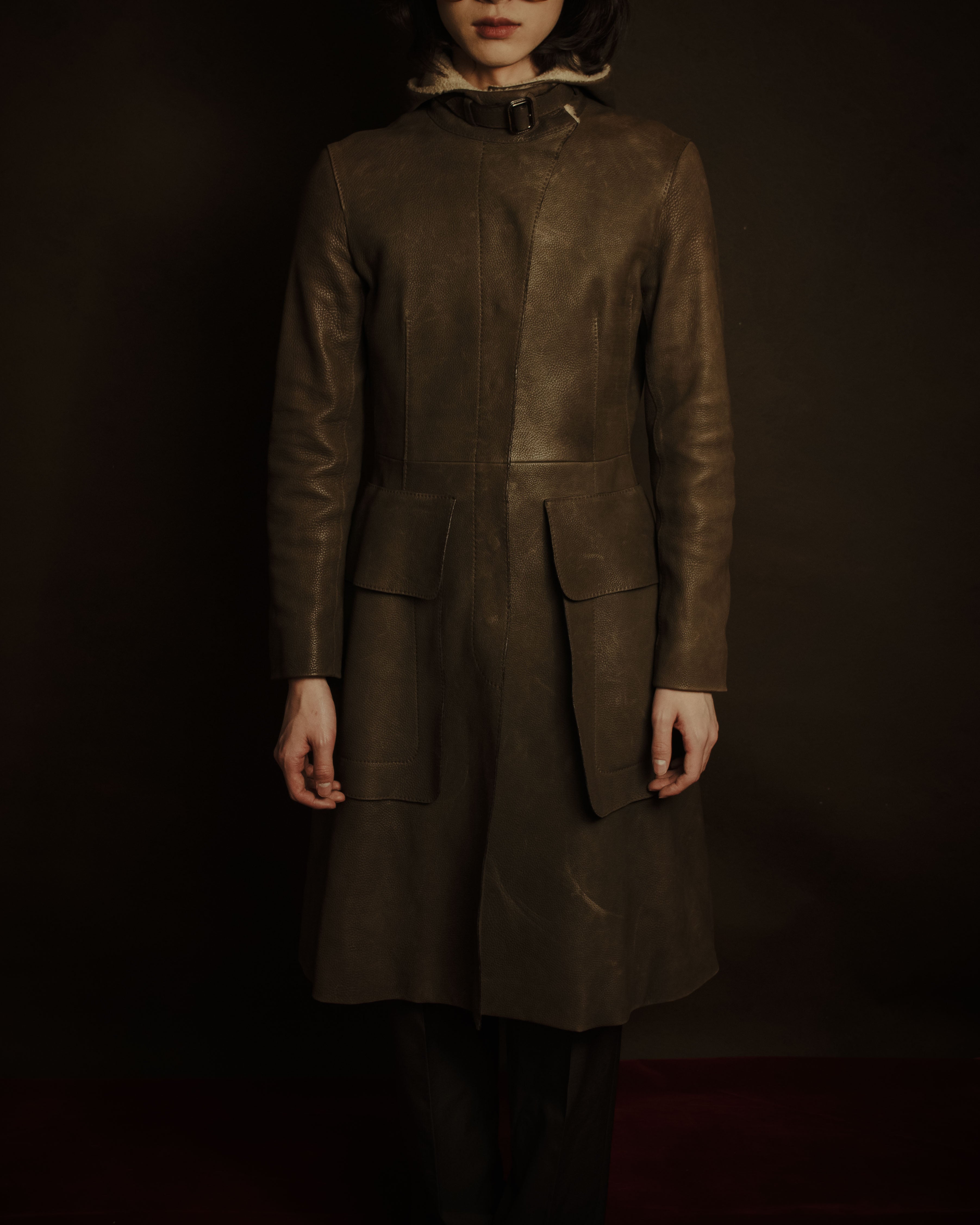 –SPECIAL– "HERMES" 90’s-00’s Sculptural hooded deerskin belted coat