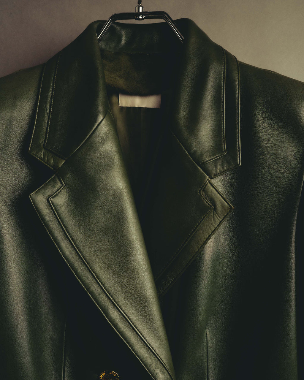 -SPECIAL- “LOEWE” 80’s-90’s Gold buttoned olive leather double-breasted tailored jacket