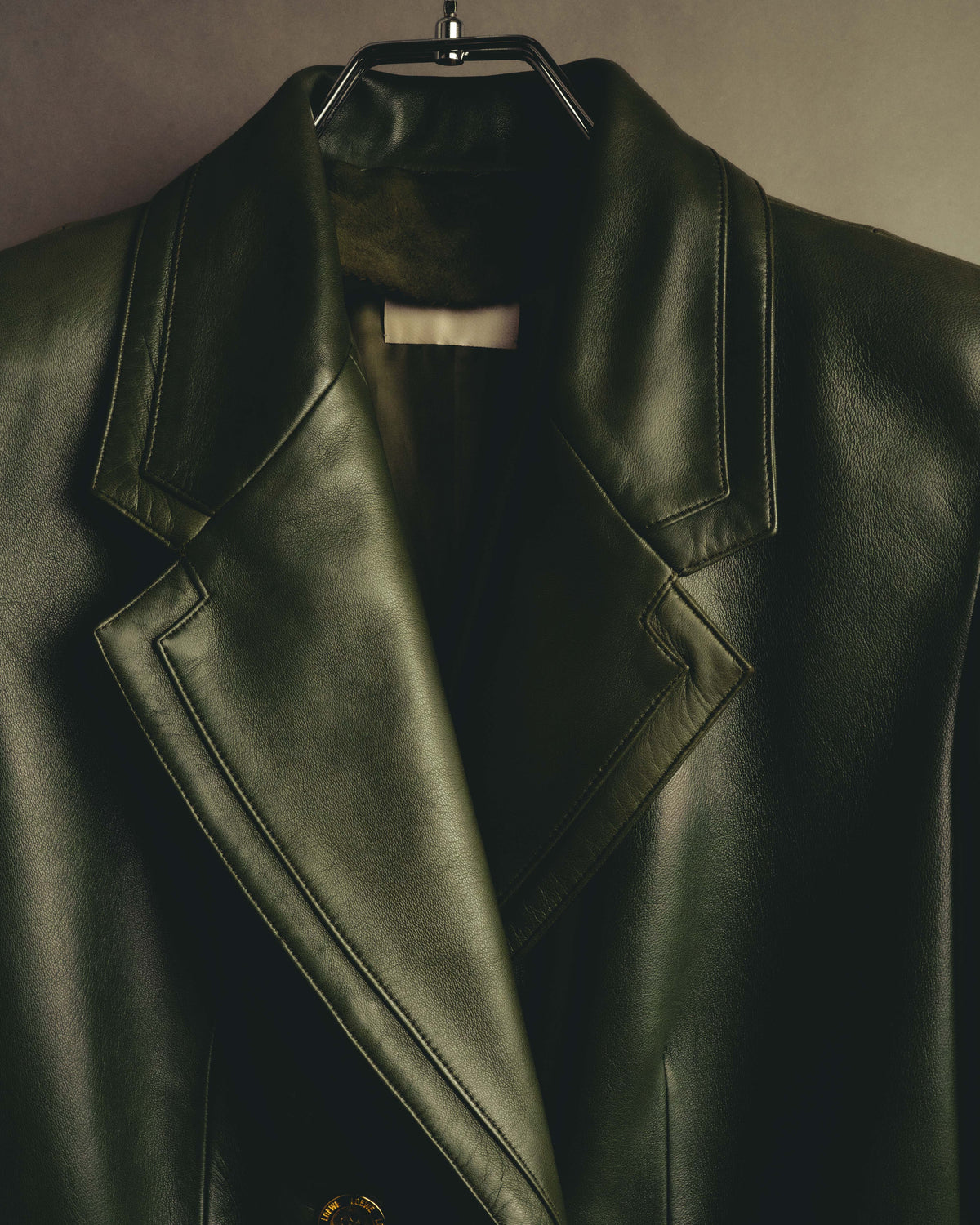 -SPECIAL- “LOEWE” 80’s-90’s Gold buttoned olive leather double-breasted tailored jacket